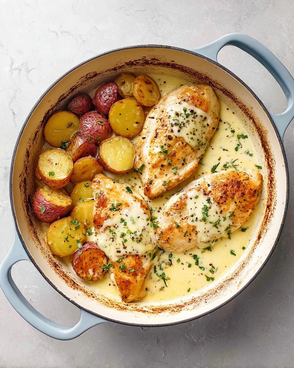 A white bowl with a dark rim holds a single grilled chicken breast covered in a creamy mustard sauce with small mustard seeds and sprinkled chopped green herbs on top. Next to the chicken are about ten small, round baby potatoes, both red and golden, halved and roasted with a light coating of the same mustard sauce. A silver fork with a hammered texture is placed inside the bowl, resting on the left side of the chicken. The bowl sits on a white marbled surface. photo taken with an iphone --ar 4:5 --v 7