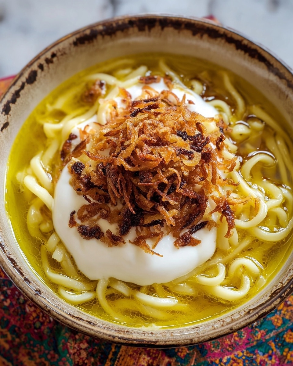 A bowl of noodles in yellow broth showing one thick layer of soft, thick white noodles submerged in the yellow oily broth, topped with a big dollop of creamy white yogurt and a mound of crispy fried onions with golden brown and dark brown shades placed right in the center. The bowl is white with visible dark spots on the rim, and is set on a white marbled surface with part of a colorful patterned cloth visible beneath the bowl. Photo taken with an iphone --ar 4:5 --v 7
