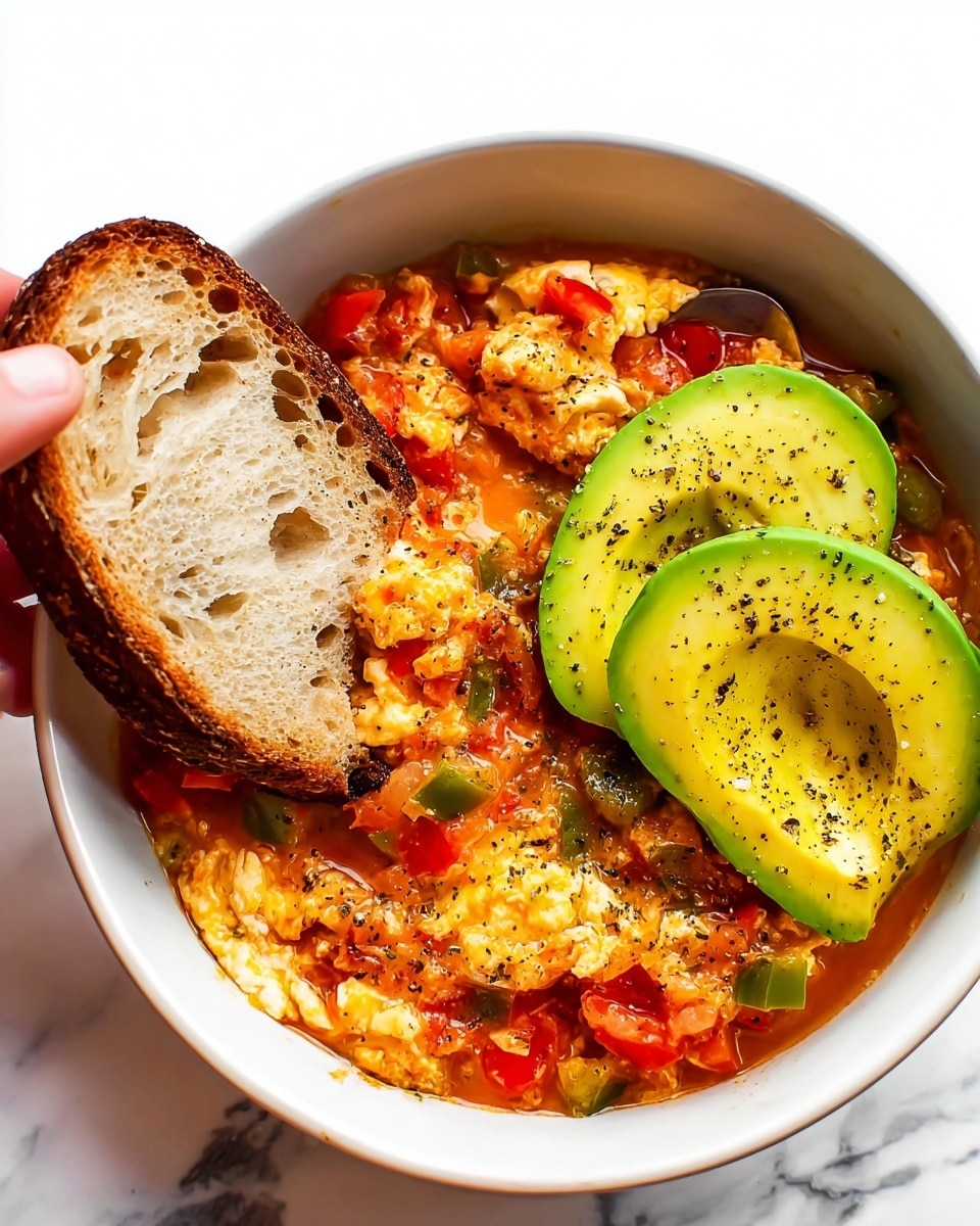 A white bowl filled with a colorful, chunky stew made of soft eggs mixed with diced red tomatoes and green bell peppers. On the right side of the bowl, three slices of bright yellow-green avocado are neatly placed and sprinkled with black pepper. A woman's hand holds a rustic, crusty slice of toasted bread with a holey, airy texture, gently dipping it into the stew on the left side. The bowl sits on a white marbled surface, giving the whole image a fresh and clean look. Photo taken with an iphone --ar 4:5 --v 7