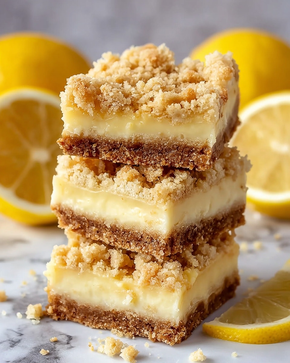 The image shows three stacked lemon crumb bars on a white marbled surface with lemon slices and whole lemons in the background. Each bar has three layers: the bottom layer is a brown crumbly crust, the middle layer is a smooth pale yellow lemon filling, and the top layer has crumbly light golden streusel pieces. The bars are cut into square shapes with the crumb topping unevenly spread, creating a rough texture on top. The lighting highlights the moist and creamy texture of the lemon layer, making the bars appear fresh and appetizing. Photo taken with an iphone --ar 4:5 --v 7