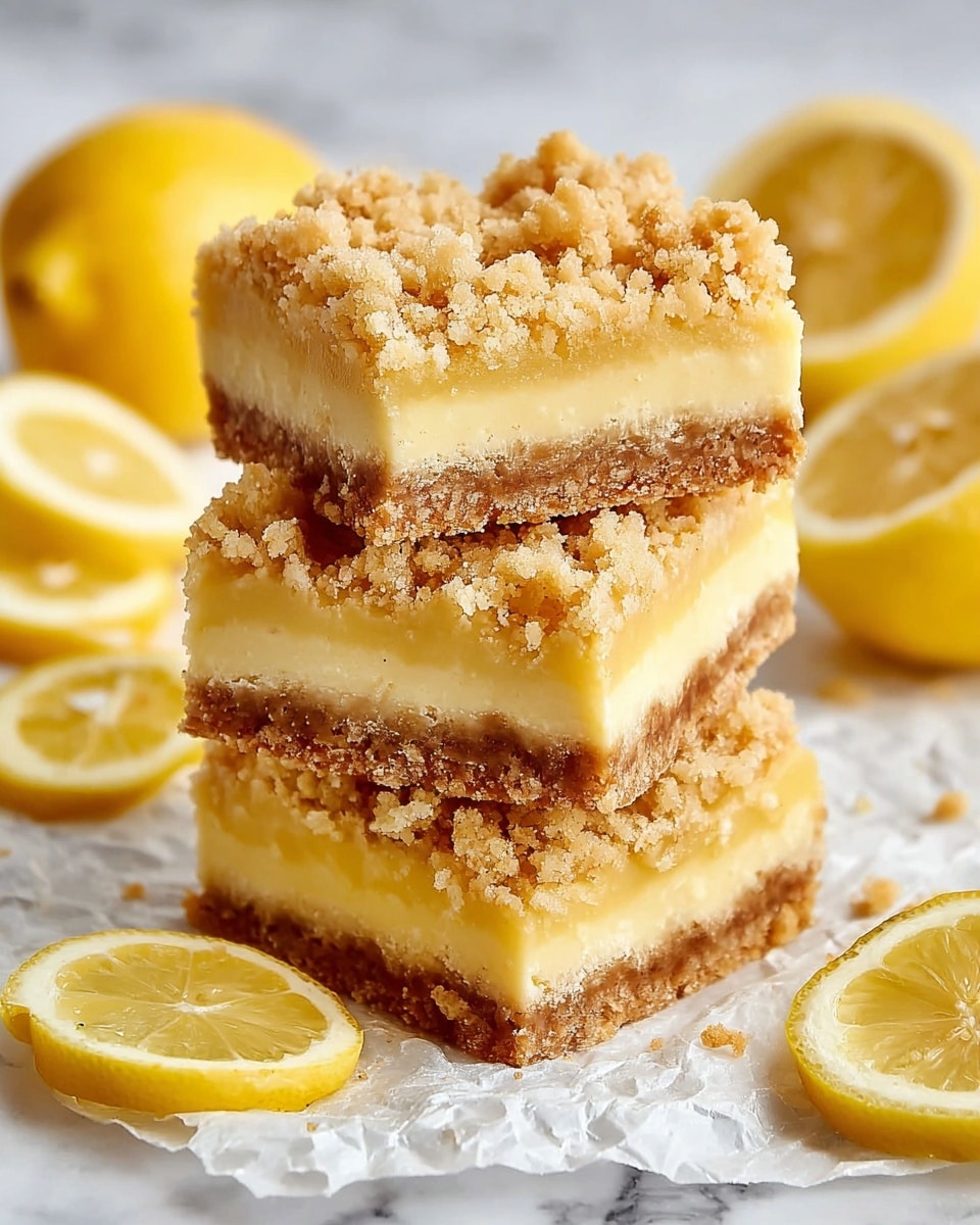 The image shows a stack of three lemon crumble bars on a crumpled white paper, placed on a white marbled surface. Each bar has three visible layers: the bottom layer is a light brown crumbly crust, the middle layer is a smooth pale yellow lemon filling, and the top layer is a golden crumb topping with a coarse texture. Around the bars, there are fresh lemon slices and halves, bright yellow with a juicy appearance. The overall scene is bright and fresh, capturing the texture and colors of the dessert clearly. Photo taken with an iphone --ar 4:5 --v 7