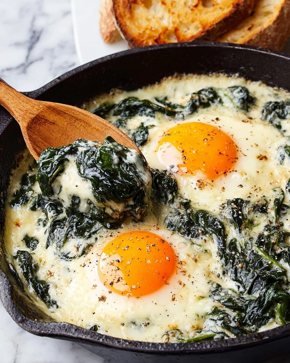 A black skillet holds two cooked eggs with bright orange yolks and slightly browned edges. Each egg sits on a base of creamy white sauce mixed with dark green wilted spinach leaves, creating an uneven textured layer beneath and around the eggs. A wooden spoon lifts some of the spinach and sauce from the skillet’s edge, showing the creamy, slightly lumpy consistency. The skillet rests on a white marbled surface with sliced toasted bread visible in the background. Photo taken with an iphone --ar 4:5 --v 7