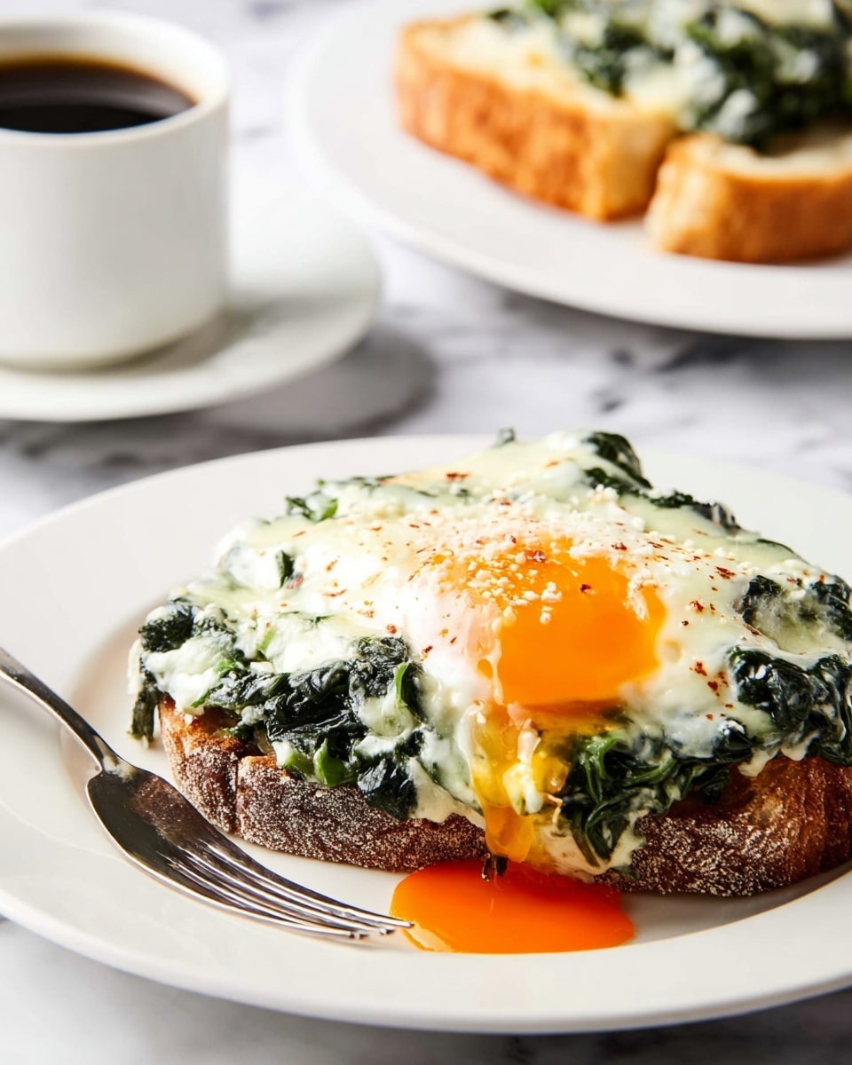 A close-up view of a white plate holding one thick slice of toasted bread with a rough crust at the base; on top is a creamy, textured layer of cooked dark green leafy spinach mixed in with melted white cheese sauce, slightly bubbling. Above this mixture sits a bright sunny-side-up egg with a shiny, rich orange runny yolk spilling down onto the spinach and plate. In the background on the same white marbled surface, there is a slice of golden toasted bread on a white plate and a white cup filled with black coffee on a white saucer. A silver fork lies on the plate in the foreground. photo taken with an iphone --ar 4:5 --v 7