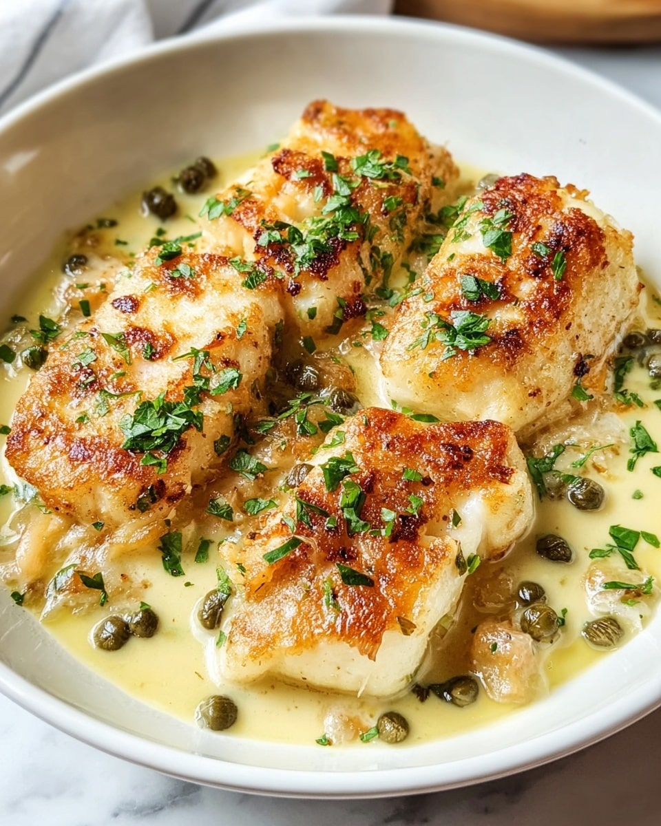 The dish shows four golden-brown, lightly crispy fish fillets placed side by side in a shallow white bowl. They rest on a creamy, light yellow sauce with small pieces of onions and capers visible throughout. The fillets are topped with finely chopped green herbs, adding a fresh touch. The sauce pools around and slightly under the fillets, creating a smooth, glossy surface. The white bowl sits on a white marbled surface, adding a clean and bright background to the dish. Photo taken with an iphone --ar 4:5 --v 7