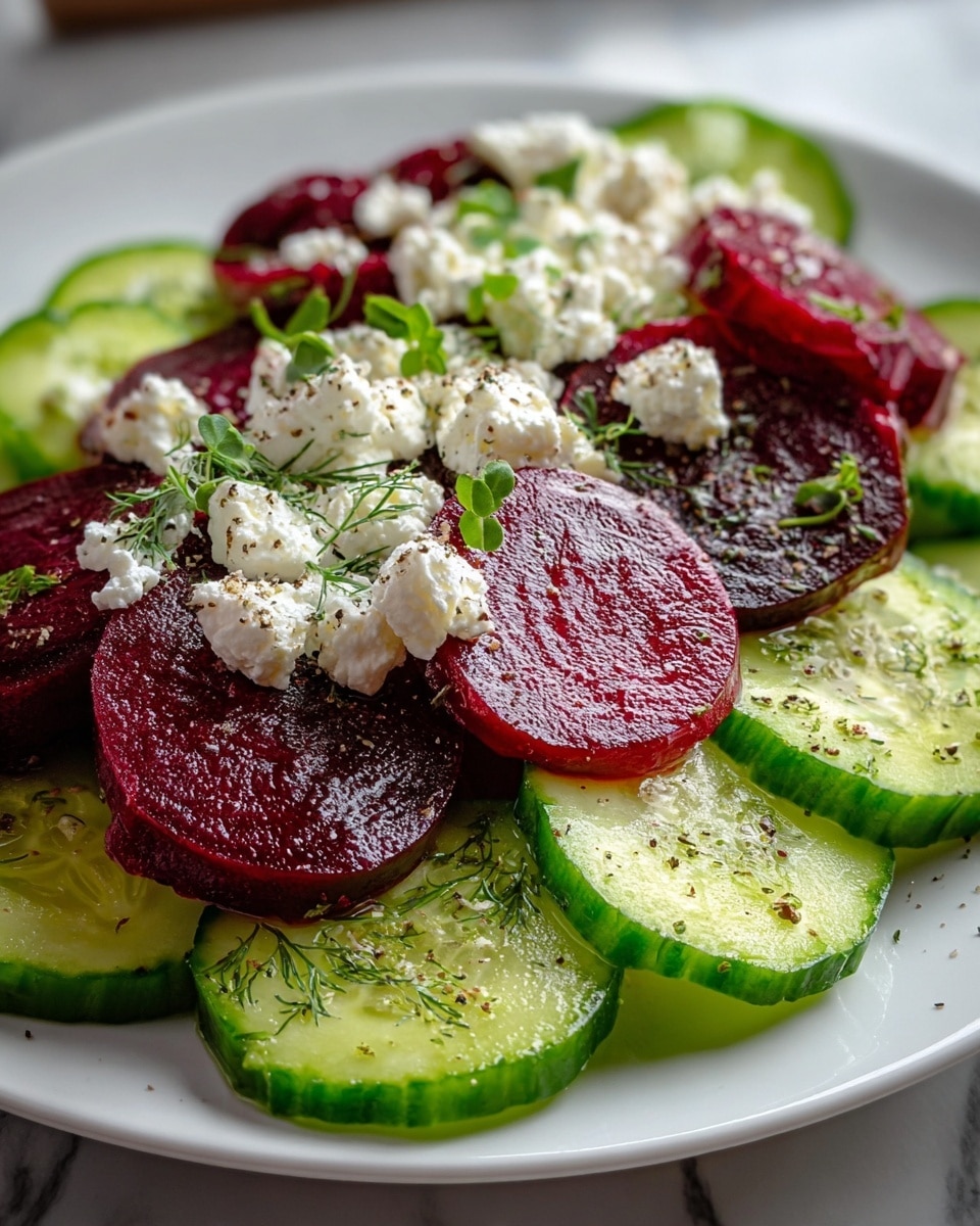 The image shows a fresh salad on a white plate with three main layers, placed on a white marbled surface. The bottom layer consists of bright green cucumber slices with a slightly wet and textured surface, arranged flat across the plate. On top of the cucumbers, there are vibrant deep red beet slices cut into thick rounds, their glossy texture catching light and standing out clearly. The top layer is sprinkled with white, crumbly pieces of cheese evenly scattered over the beets and cucumbers, along with small green herb leaves that add a fresh touch. Light seasoning with black pepper is visible on the cheese and vegetables. Photo taken with an iphone --ar 4:5 --v 7
