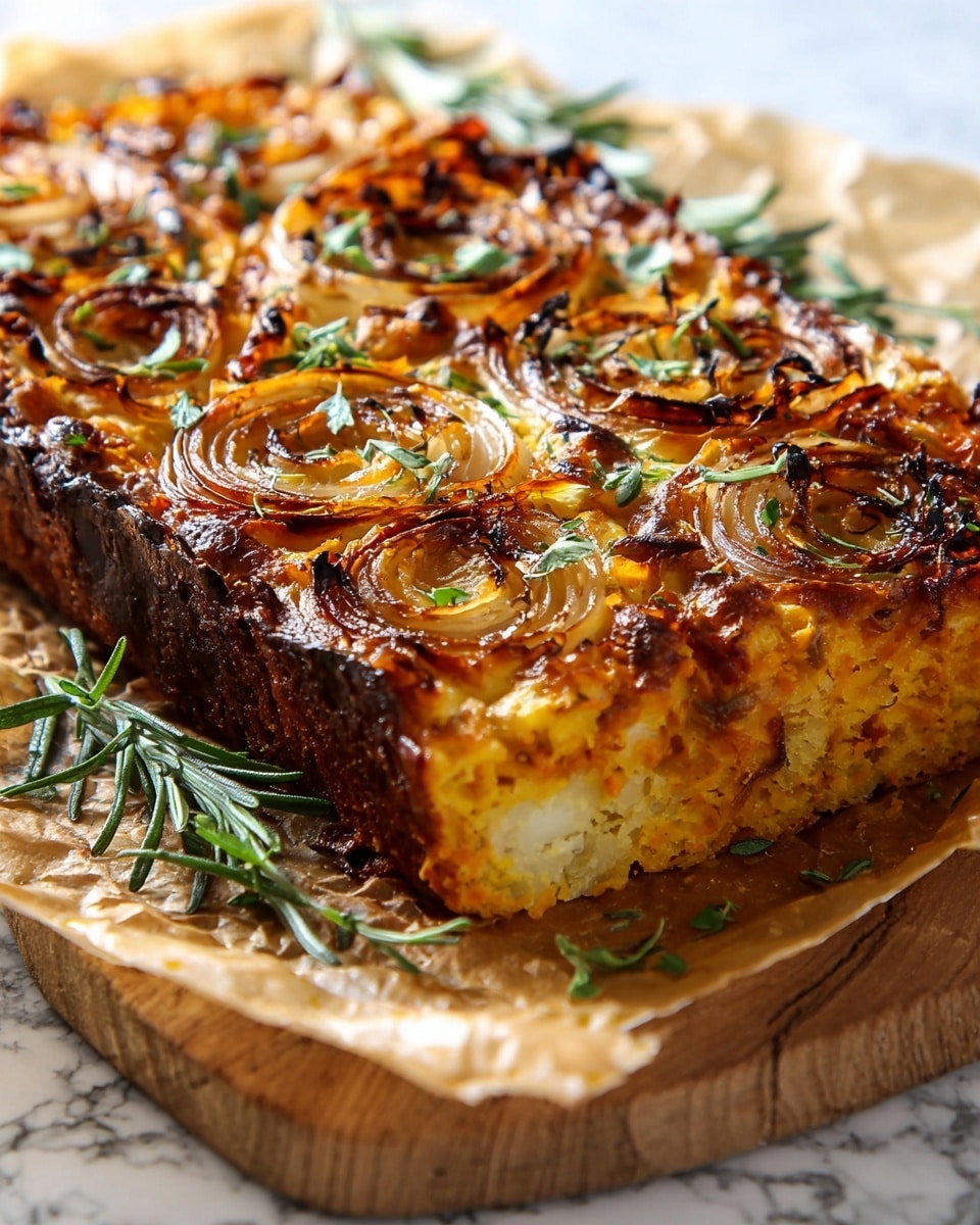 A close-up view of a baked rectangular casserole topped with golden-brown, caramelized onion rings and a sprinkle of fresh green herbs, sitting on browned parchment paper over a wooden board. The casserole’s crust looks crispy and dark around the edges with a soft, orange, slightly textured inside visible at the cut corner, showing bits of herbs mixed within. A few fresh green rosemary sprigs lie beside the dish on the white marbled surface. The light brightens the top, making the onions and herbs glisten. Photo taken with an iphone --ar 4:5 --v 7