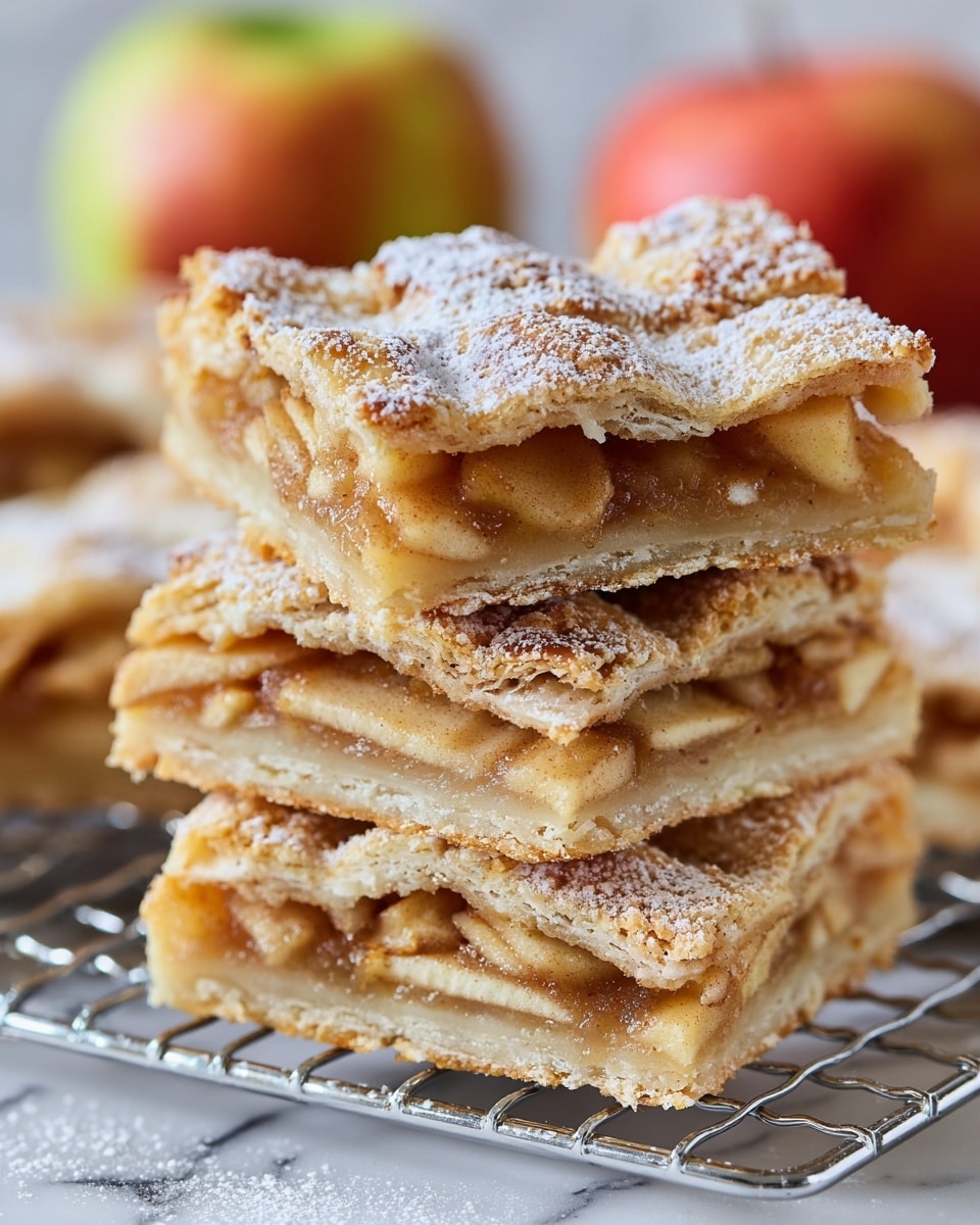 A close-up view of three stacked square apple pie slices, each with three visible layers: a golden-brown flaky crust on top with a slightly uneven texture, a middle layer of thinly sliced cooked apples in a glossy, cinnamon-spiced syrup, and a bottom crust that is slightly crumbly and pale golden. The pie slices are dusted lightly with powdered sugar, adding a soft white speckled effect on the crust. The stack rests on a metal cooling rack on a white marbled surface. In the blurred background, there are a few whole apples with reddish and yellow skin. Photo taken with an iphone --ar 4:5 --v 7