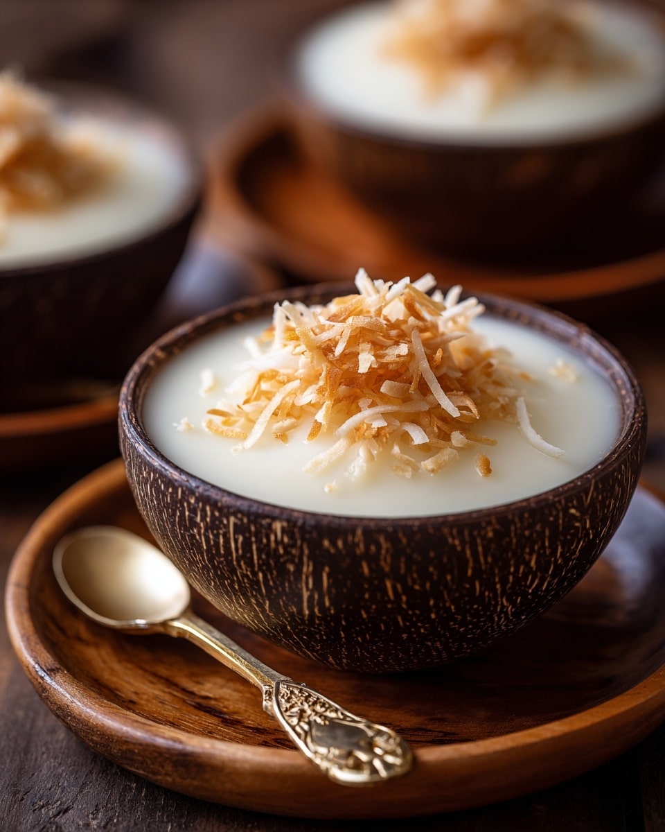 A close-up view of a creamy white pudding served in a small round bowl with a dark wooden texture, placed on a matching dark wooden plate. The pudding is smooth and thick, topped with thin golden-brown toasted flakes that add texture and contrast on the surface. A vintage golden spoon lies on the plate next to the bowl, adding a rich metallic shine. The background has a soft focus with similar bowls and spoons creating a warm, cozy atmosphere against a white marbled surface. photo taken with an iphone --ar 4:5 --v 7