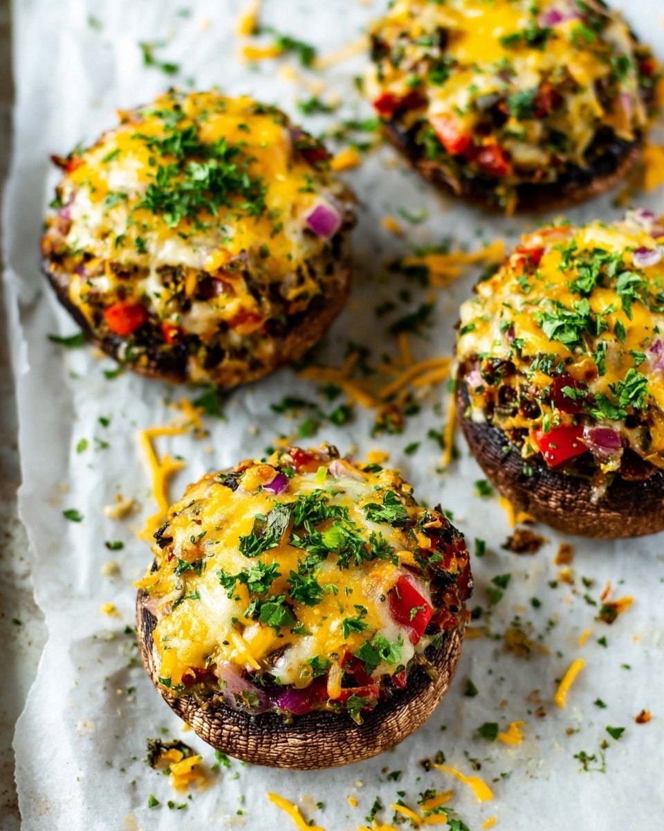 Four stuffed mushrooms sit on a white marbled textured surface covered with white parchment paper. Each mushroom has a dark brown base and is filled with a colorful mix of finely chopped red and orange bell peppers, purple onions, and green herbs. The top layer is melted yellow and white cheese, melted and slightly browned, sprinkled with fresh green parsley. Small bits of cheese and herbs are scattered around the mushrooms on the parchment, adding to the rustic look. Photo taken with an iphone --ar 4:5 --v 7