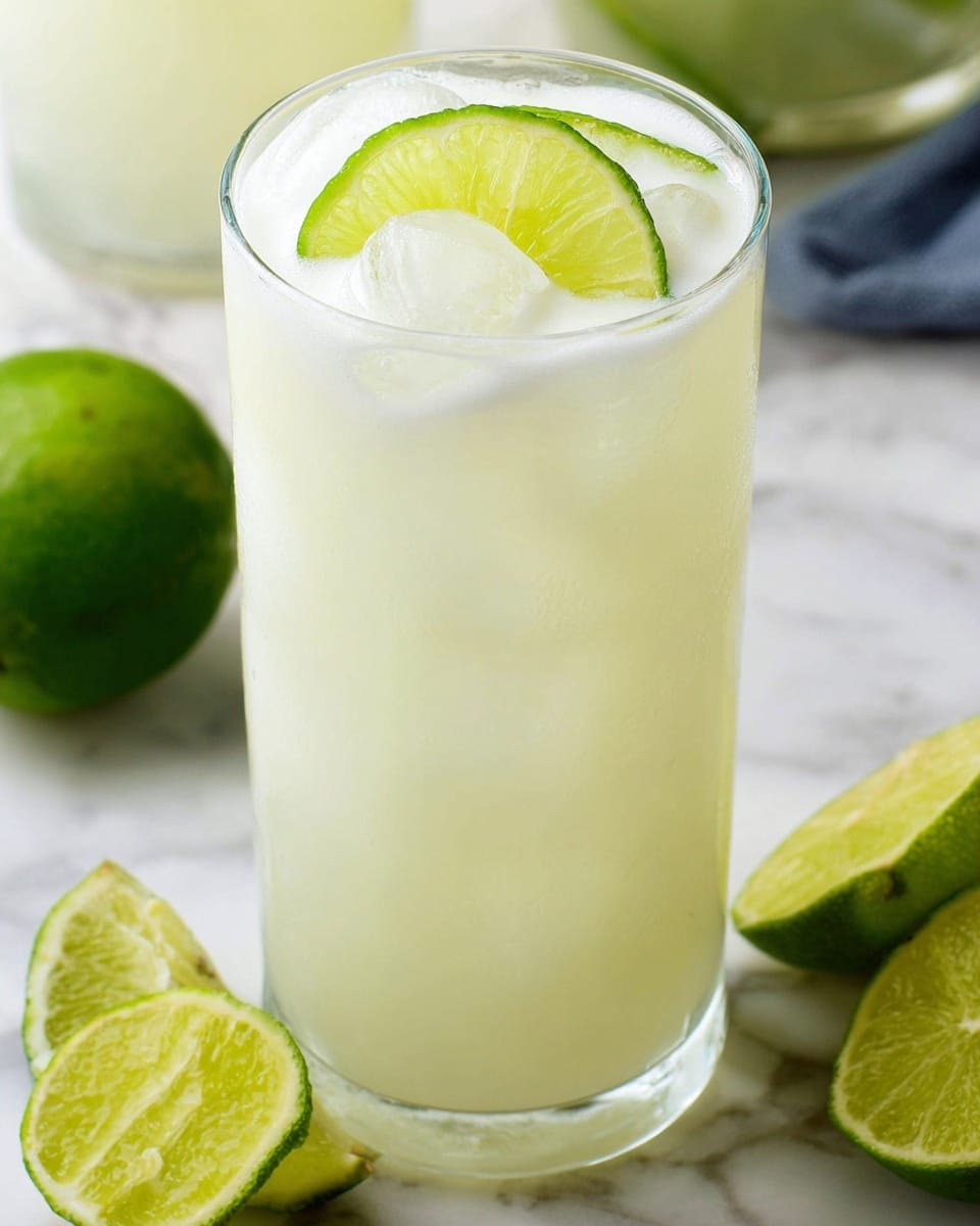 A tall clear glass filled with a pale yellow creamy drink with visible ice cubes inside, topped with two thin green lime slices resting on the rim. Around the glass on the white marbled surface are three lime wedges and one half lime showing the bright green, juicy interiors. The drink has a smooth texture with a slight shine, and the background shows parts of other glasses blurred softly. Photo taken with an iphone --ar 4:5 --v 7
