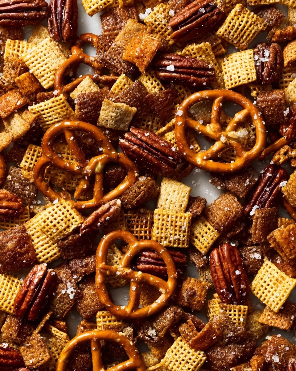 The image shows a close-up view of a snack mix scattered evenly on a white marbled surface. The mix contains multiple layers of different textured components: shiny brown pretzels with a smooth surface and twisted shape, rough round rye chips with a dark brown color, light yellow square cereal pieces with a waffle pattern, and glossy pecan nuts that have a deep brown shade with natural ridges. All the pieces are sprinkled with fine white salt flakes, adding a rough texture on top of the mix. The colors range from pale yellow to dark brown, creating a rich and crunchy look. photo taken with an iphone --ar 4:5 --v 7