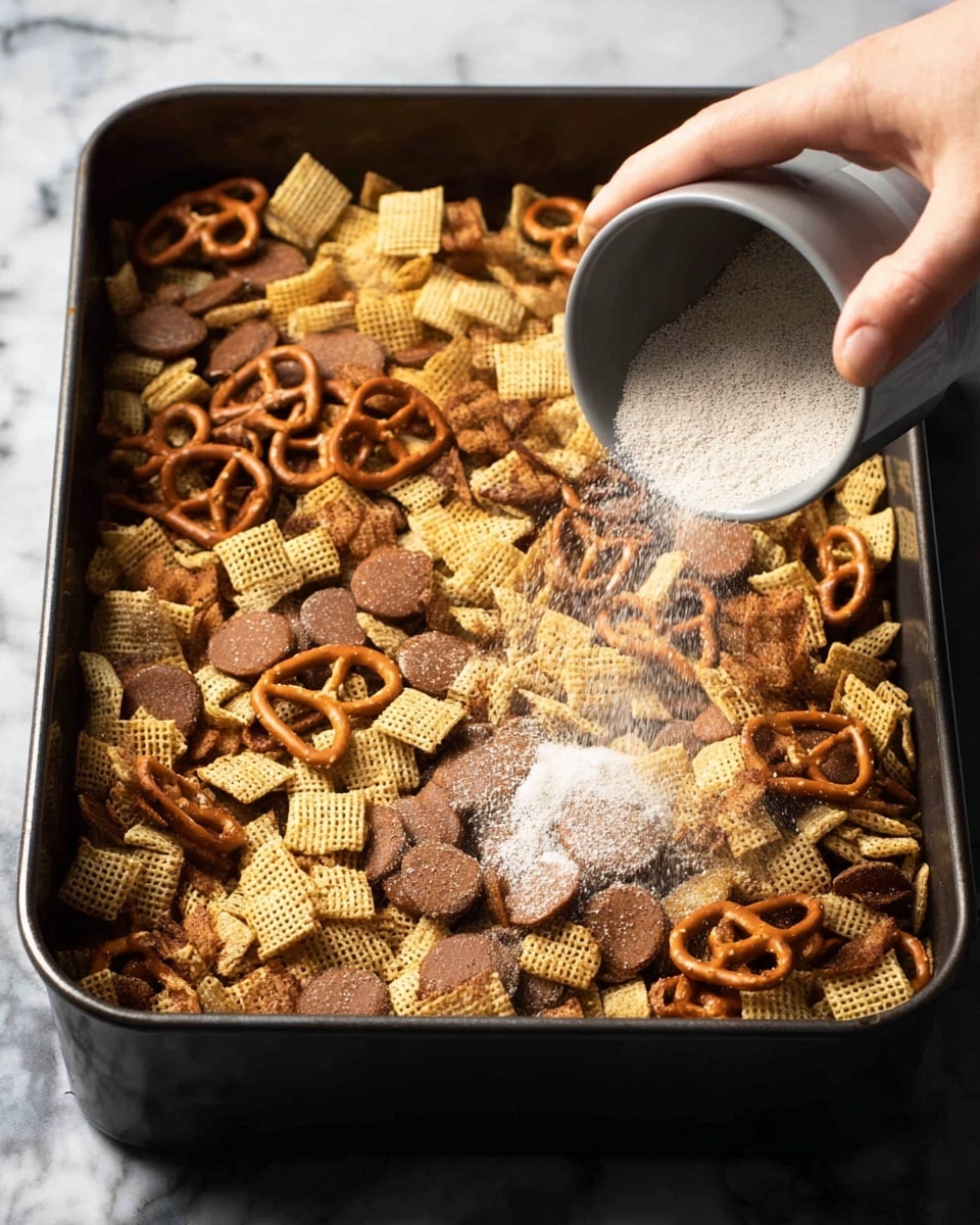 A dark rectangular baking pan holds a crunchy snack mix made of three visible layers: the bottom and top layers have small, round, brown cookies with a smooth texture; mixed in all layers are small pale brown pretzels with a glossy surface; and scattered throughout are square-shaped cereal pieces with a yellow and light brown checkered pattern. A woman's hand is seen from the right side, pouring a fine white powder over the top of the mixture from a small gray bowl, with granules visibly falling in motion. The baking pan sits on a white marbled surface. photo taken with an iphone --ar 4:5 --v 7