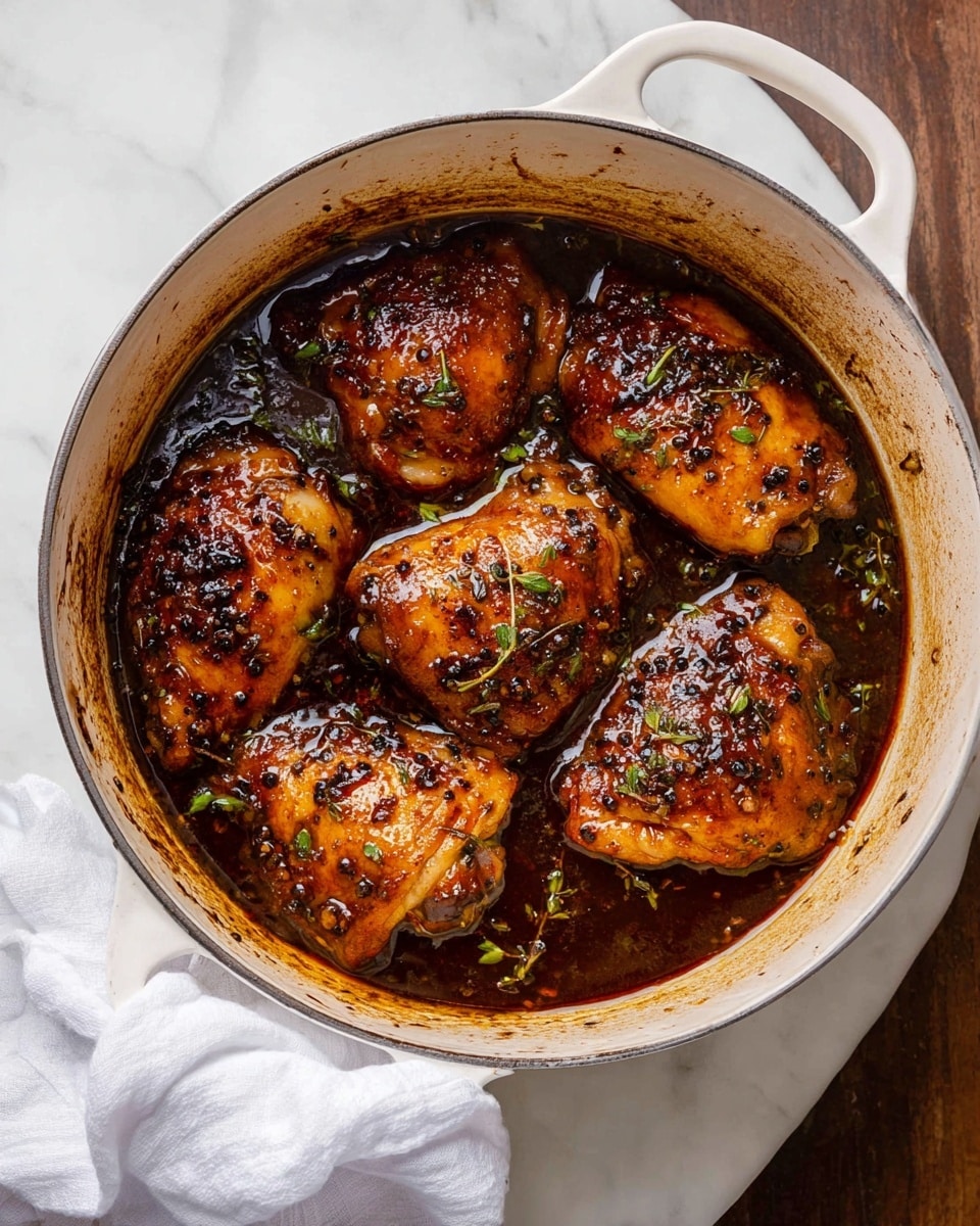 A white pot contains five browned chicken thighs cooked in dark, glossy sauce that pools around the meat. Each chicken piece has a shiny, caramelized surface speckled with black peppercorns and small bits of herbs. The pot’s inner sides show streaks of cooked sauce, adding a rustic look. The pot is set on a white marbled surface, and a white cloth is casually placed near the pot handle. Photo taken with an iphone --ar 4:5 --v 7