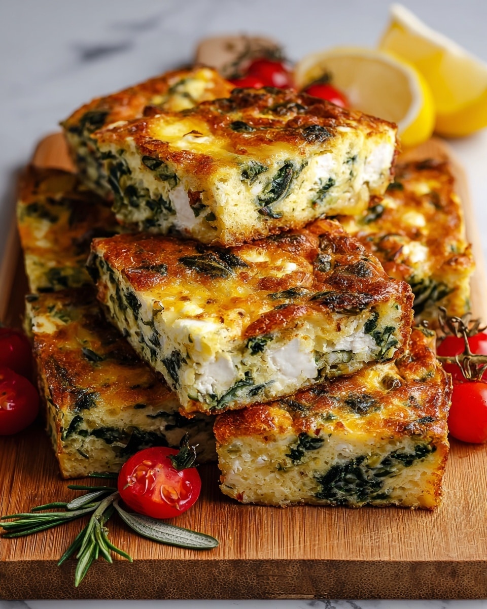 The dish shows nine square pieces of a golden-brown baked egg casserole with visible green spinach mixed in, and white chunks of cheese scattered throughout. The top layer is crispy and browned, while the inside looks soft and fluffy with a mix of yellow egg and green spinach textures. The squares are stacked and arranged on a wooden board with sprigs of rosemary, a lemon wedge on the top left, and bright red cherry tomatoes on the right side. The surface below the board has a white marbled texture. photo taken with an iphone --ar 4:5 --v 7