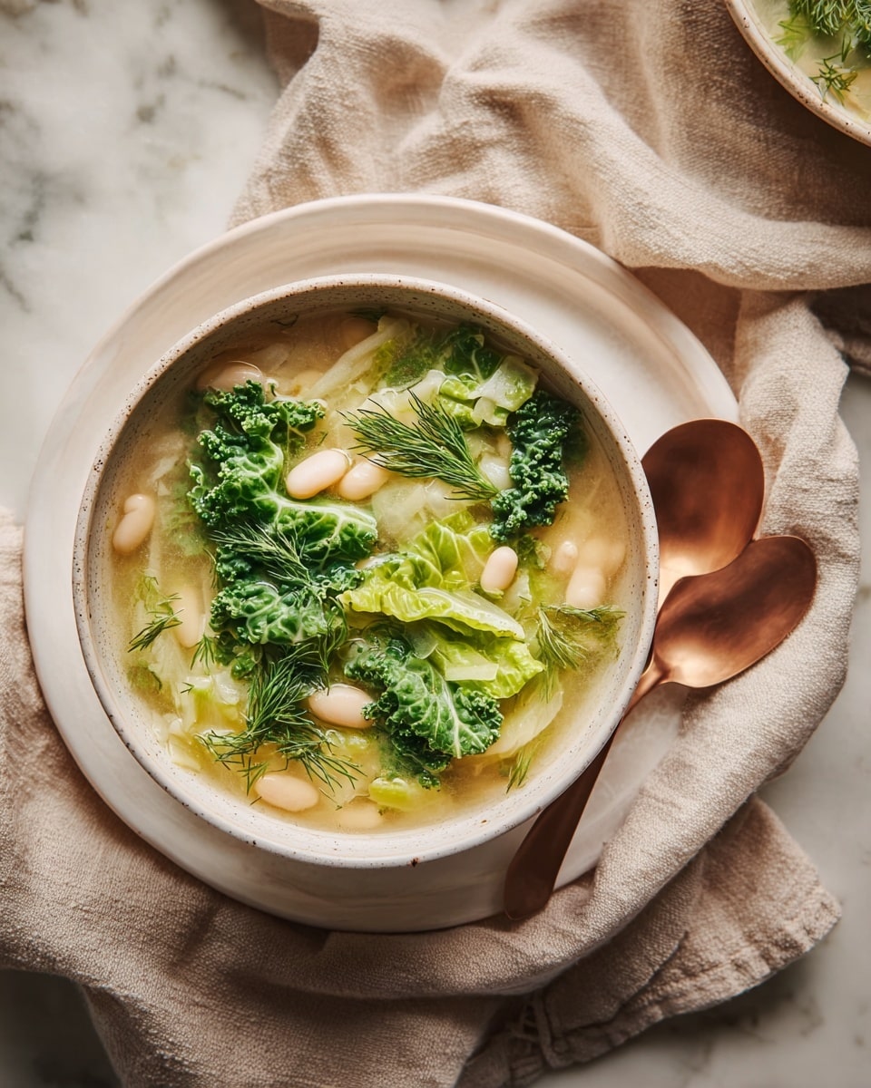 The image shows a bowl of soup with visible layers starting with a light creamy broth at the base, followed by white beans scattered around and topped with bright green leafy cabbage pieces and fresh dill sprigs. The bowl is placed on a white round plate with two copper spoons resting beside it. The bowl and plate sit on a soft beige cloth, all set on a white marbled surface, giving a cozy and fresh look. photo taken with an iphone --ar 4:5 --v 7