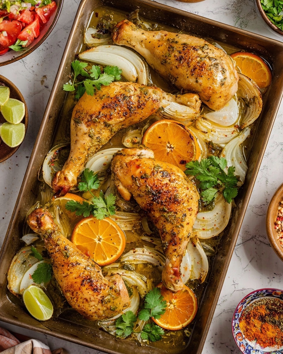 The image shows a roasting pan filled with three golden-brown roasted chicken legs arranged in a roughly triangular shape. Under and around the chicken legs, there are thick slices of cooked white onion that have a slightly charred texture. Orange slices and lime wedges are placed artfully among the chicken and onions, adding bright orange and pale green colors. Fresh green cilantro leaves are sprinkled on top, giving a fresh look. The pan sits on a white marbled textured surface, and parts of bowls with spices and a colorful salad can be seen at the edges. photo taken with an iphone --ar 4:5 --v 7