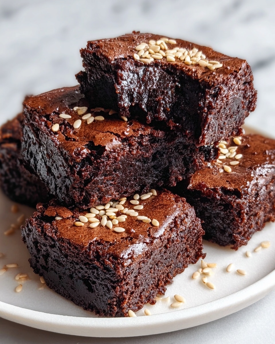 Four small round dark brown chocolate cakes with a soft and moist texture are arranged slightly overlapping on a white speckled plate. Each cake has a cracked, shiny top sprinkled with small beige sesame seeds. One cake in the front center has a bite taken out, showing the dense, fudgy inside. Sesame seeds are scattered lightly around the cakes on the plate. The plate is set on a white marbled surface. Photo taken with an iphone --ar 4:5 --v 7