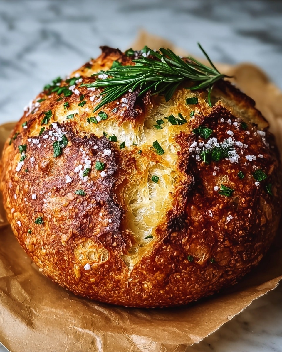 A round loaf of bread with a thick, crunchy crust that is golden brown with darker, almost burnt edges. The surface is uneven with deep cuts showing a soft, light yellow inside. Small sprinkles of green herbs are spread over the top along with coarse white salt crystals. A fresh sprig of green rosemary rests on top, adding a touch of color. The bread sits on brown parchment paper on a white marbled surface, creating a warm and rustic look. photo taken with an iphone --ar 4:5 --v 7