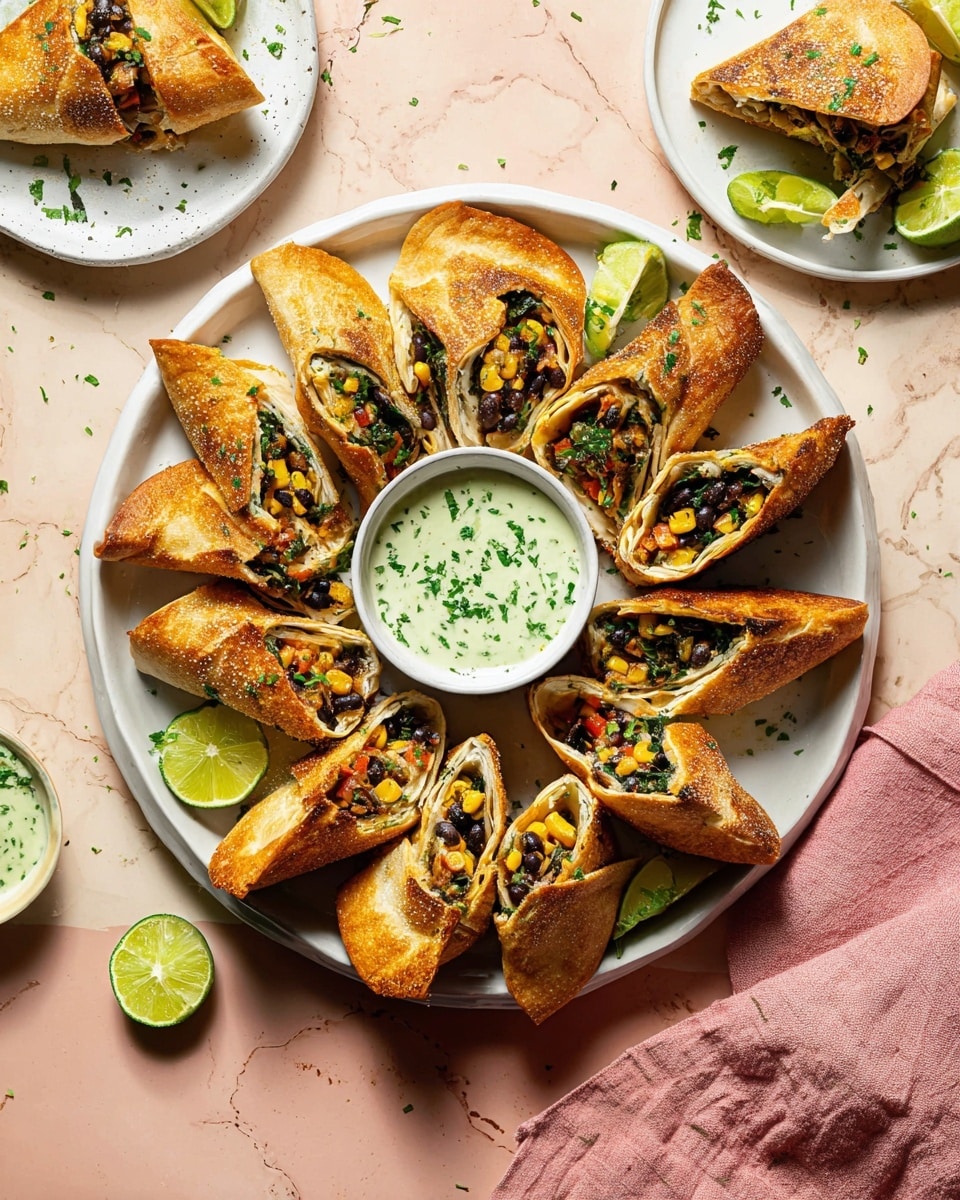 A large white round plate shows multiple triangular folded wraps arranged in a circle with a small white bowl of creamy light green sauce sprinkled with chopped herbs at the center. The wraps have a golden brown, slightly crispy exterior and are sliced open to reveal layers of black beans, yellow corn, green spinach, and finely chopped orange and red vegetables inside. Small chopped green herbs are scattered over the wraps. Two lime wedges rest on the plate’s edge. A smaller white plate with a halved wrap and a dollop of sauce is in the top background, and a pink cloth is draped on the white marbled surface beneath the plates, with another lime wedge and an empty white bowl nearby. photo taken with an iphone --ar 4:5 --v 7