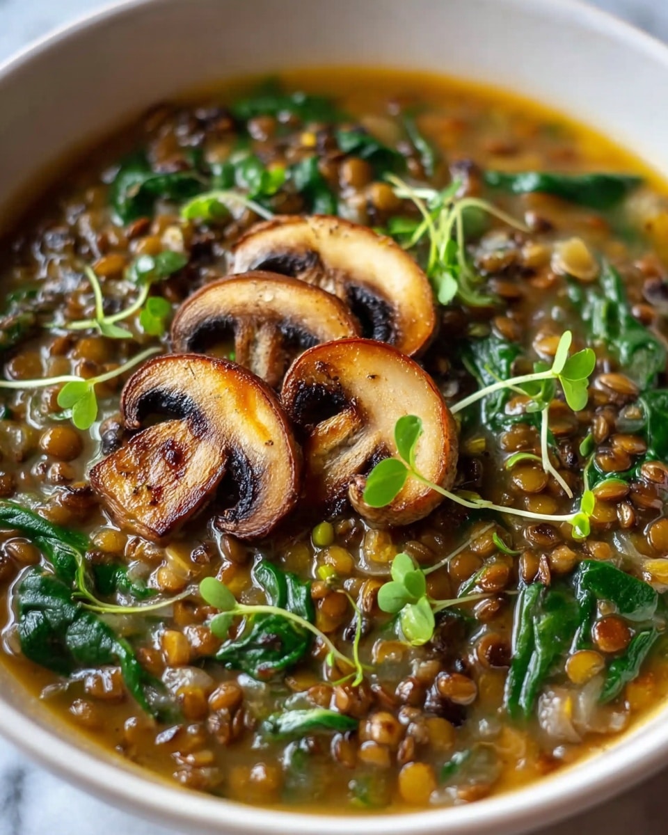 A close-up view of a bowl of lentil soup in a white bowl, showing a thick base with small brown lentils and tender green spinach leaves mixed throughout, giving a textured, hearty look. On top, there are three golden-brown sautéed mushroom slices with visible grill marks, and small green microgreens scattered for garnish. The soup looks warm and inviting with a mix of earthy tones and fresh green colors. The surface is placed on a white marbled texture. photo taken with an iphone --ar 4:5 --v 7
