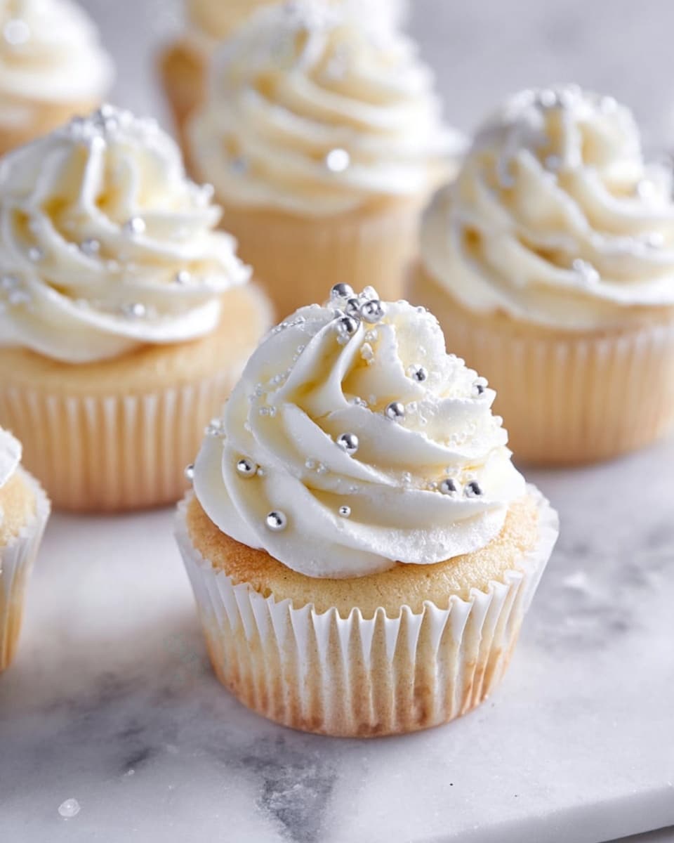 The image shows several vanilla cupcakes arranged on a white marbled surface with white cupcake liners. Each cupcake has one layer of light golden cake topped with a large swirl of smooth, white buttercream frosting piped in a circular motion to create ruffled peaks. Small, shiny silver ball sprinkles are scattered over the frosting, adding sparkle and texture. The cupcakes are placed close together, with one cupcake in the foreground in sharp focus and the others softly blurred in the background. Photo taken with an iphone --ar 4:5 --v 7