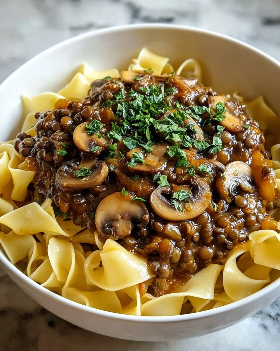 A white bowl filled with wide, flat pasta noodles at the bottom, creamy beige in color and slightly curled. On top, a thick layer of brown lentils and sliced mushrooms cooked together, the mushrooms have a glossy, caramelized look. The dish is finished with a sprinkle of chopped fresh green herbs, adding a bright contrast against the rich, dark topping. The bowl rests on a white marbled surface. photo taken with an iphone --ar 4:5 --v 7