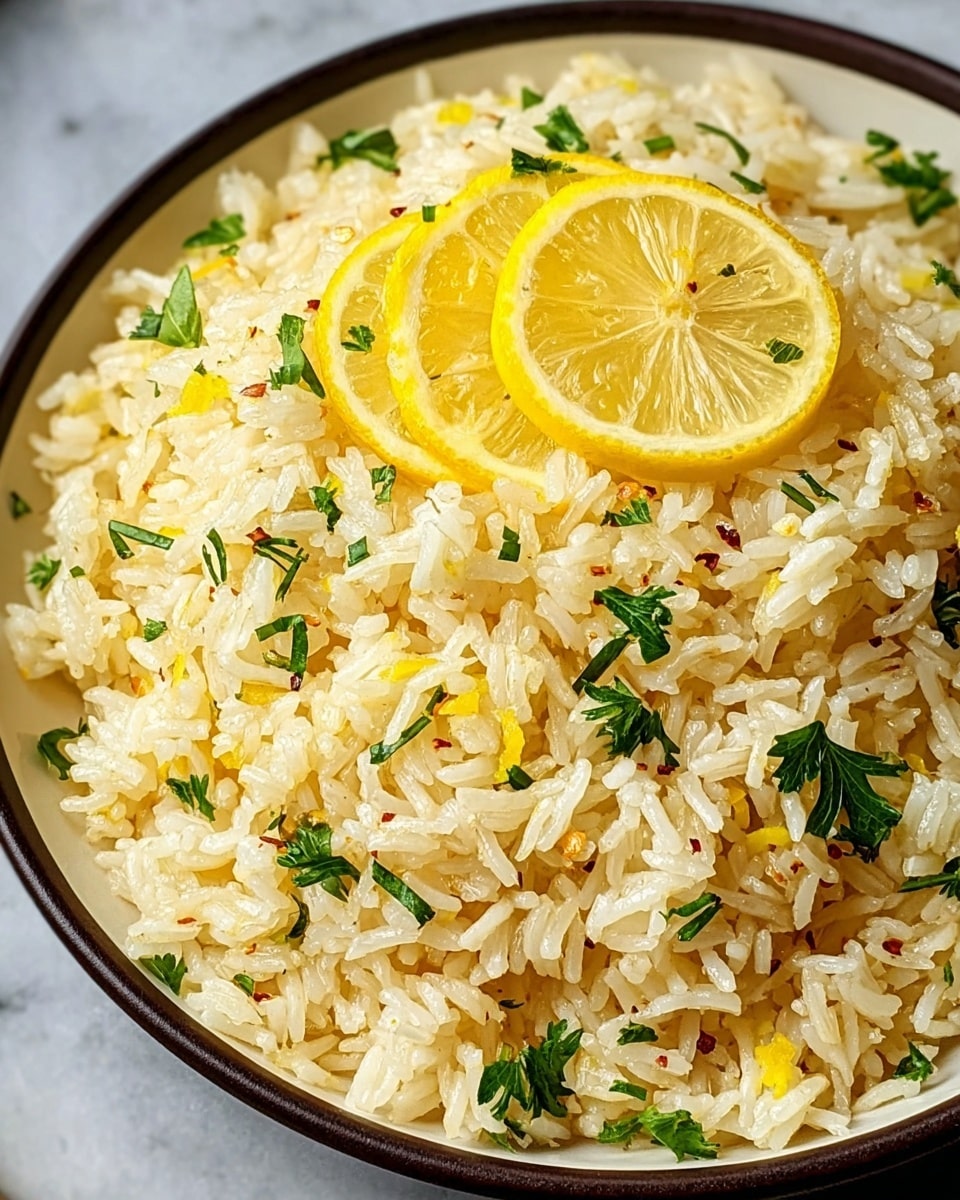 A bowl filled with a mound of cooked white rice mixed with small yellow lemon pieces scattered throughout, topped with green parsley leaves and thin slices of lemon wedges on top. The rice looks soft and fluffy with a light yellow tint from the lemon, and small red pepper flakes are visible in some areas. The bowl is white with a dark rim and is set on a white marbled surface. photo taken with an iphone --ar 4:5 --v 7