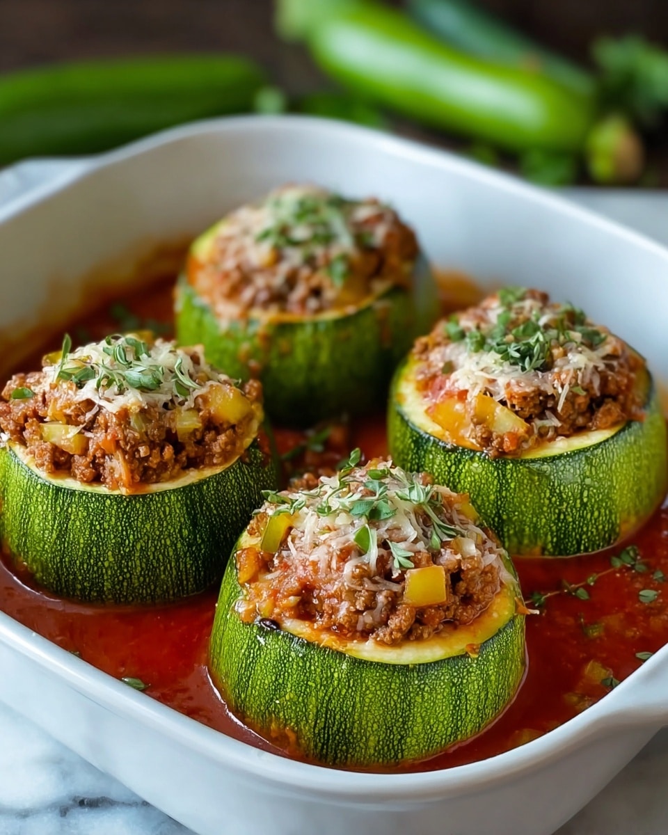 Four round zucchini are hollowed and filled with a mixture of cooked ground meat, diced orange and green vegetables, and tomato sauce inside a white baking dish. Each zucchini is topped with lightly browned shredded cheese and small green herb leaves, scattered evenly on top. A thin layer of glossy tomato sauce surrounds the zucchini in the bottom of the dish. The white baking dish sits on a white marbled surface, with blurred green vegetables in the background. photo taken with an iphone --ar 4:5 --v 7