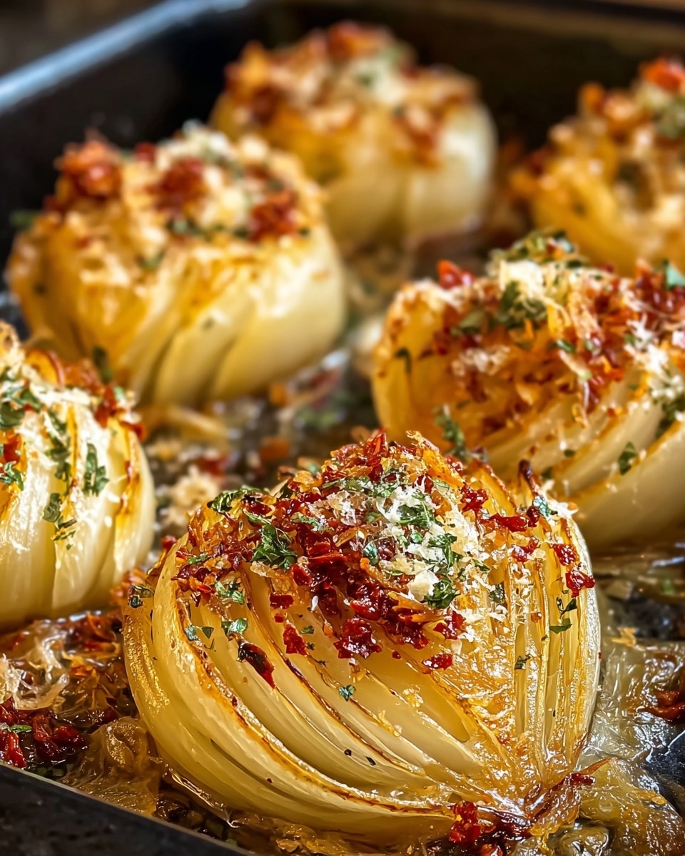 The image shows six pieces of baked onion halves arranged in a black tray. Each onion half is sliced in thin vertical layers that fan out slightly and have a caramelized golden-brown color on the edges. On top of the onions, there are small bits of dried red seasoning, finely grated cheese, and green herbs sprinkled over the surface, creating a textured and colorful topping. The background and surrounding surface have a soft focus, highlighting the onions’ glossy, slightly crispy texture. photo taken with an iphone --ar 4:5 --v 7