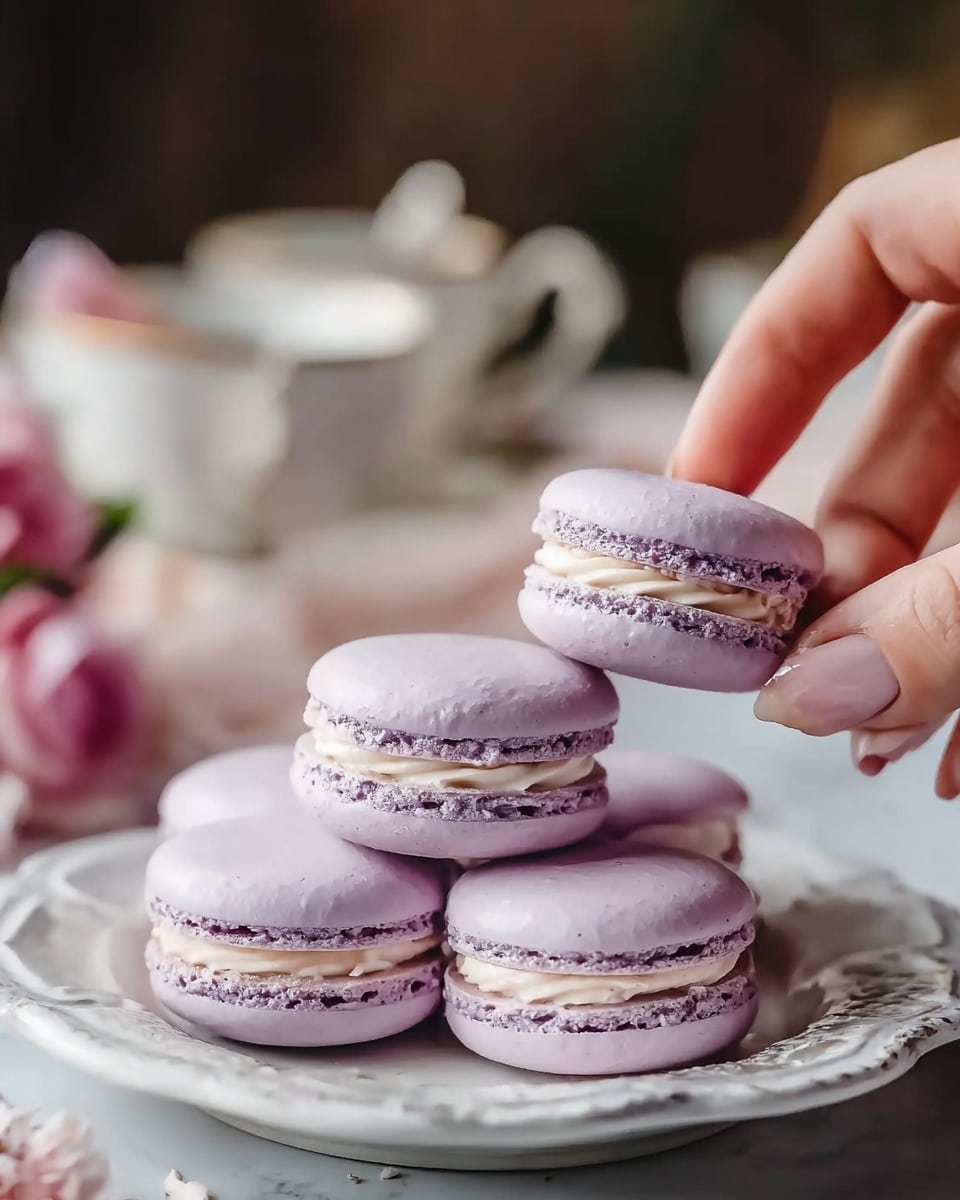 The image shows a close-up of five light purple macarons stacked on a white, decorated plate. Each macaron has two smooth, round shells with a ribbed texture near the edges and a creamy, pale filling in the middle. A woman's hand with clean, natural nails is gently picking up one macaron from the top right of the plate. The plate is on a white marbled surface with a soft, out-of-focus background featuring a white teacup and pink flowers, adding a warm, cozy feel. Photo taken with an iphone --ar 4:5 --v 7