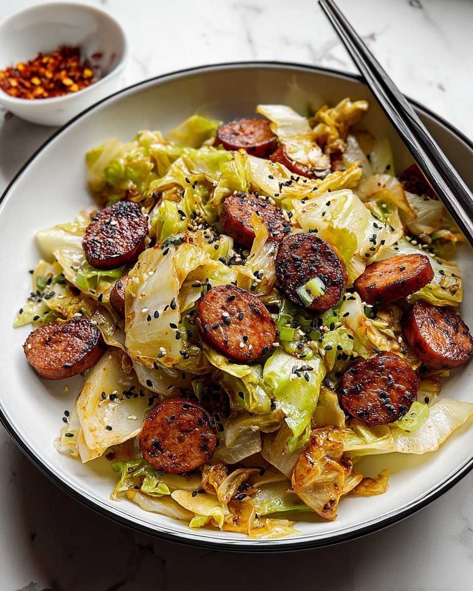 In a white bowl with a thin black rim, there is a stir-fry dish made up of several layers. The base layer consists of cooked, slightly browned pieces of green cabbage that have a soft texture with some parts showing light char marks. Scattered evenly on top are slices of browned sausage with a crispy outer texture and deep reddish-brown color. The dish is garnished with black and white sesame seeds sprinkled across the top. To the side of the bowl, a pair of black chopsticks rest against the edge. The bowl sits on a white marbled surface, and a small white bowl with red chili flakes is partly visible in the upper right background. Photo taken with an iphone --ar 4:5 --v 7