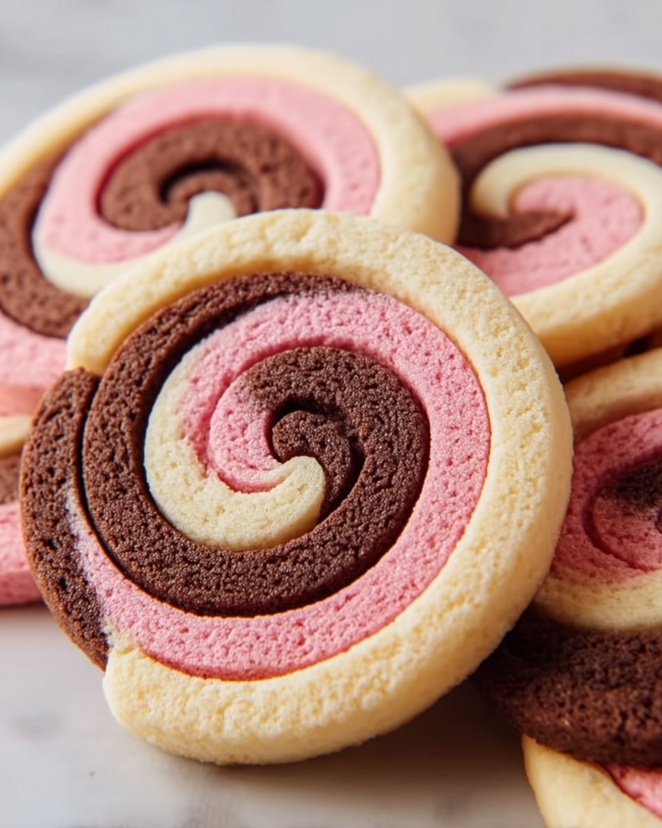 A close-up view of round swirl cookies with three visible layers forming a spiral pattern; the outer layer is light beige with a soft texture, the middle layer is dark brown, and the innermost layer is pink, all smoothly blending in a continuous coil. The cookies show a spongy surface and are stacked closely on a white marbled texture. photo taken with an iphone --ar 4:5 --v 7
