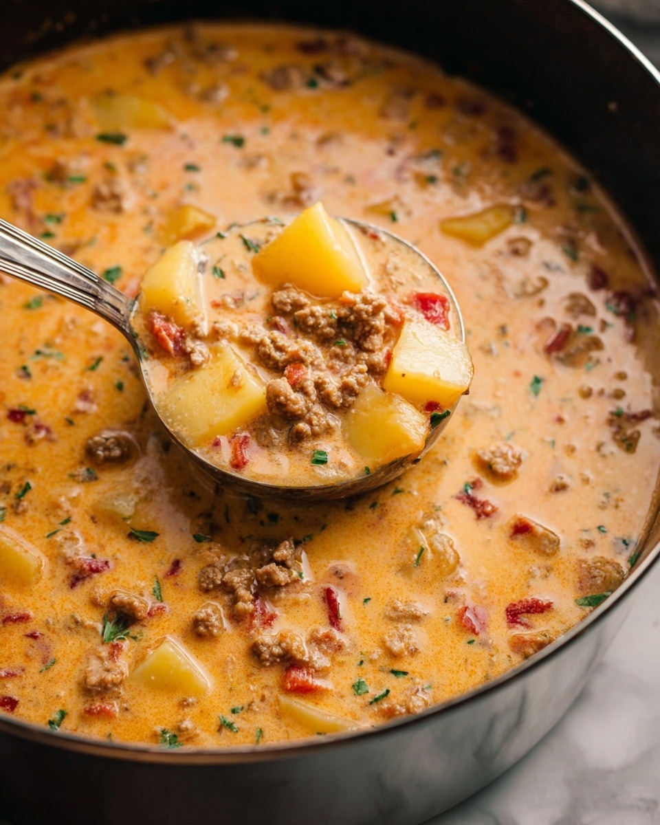 A close-up of a thick, creamy soup with visible chunks of golden yellow potatoes, crumbly browned ground meat, small white beans, and bits of red tomatoes mixed throughout a light orange creamy broth. Green herbs are scattered lightly adding a fresh touch. The soup fills a shiny black pot with a silver ladle lifting a scoop full of the rich mixture, showing the varied textures from soft vegetables to tender meat pieces. The scene is set on a white marbled surface. photo taken with an iphone --ar 4:5 --v 7