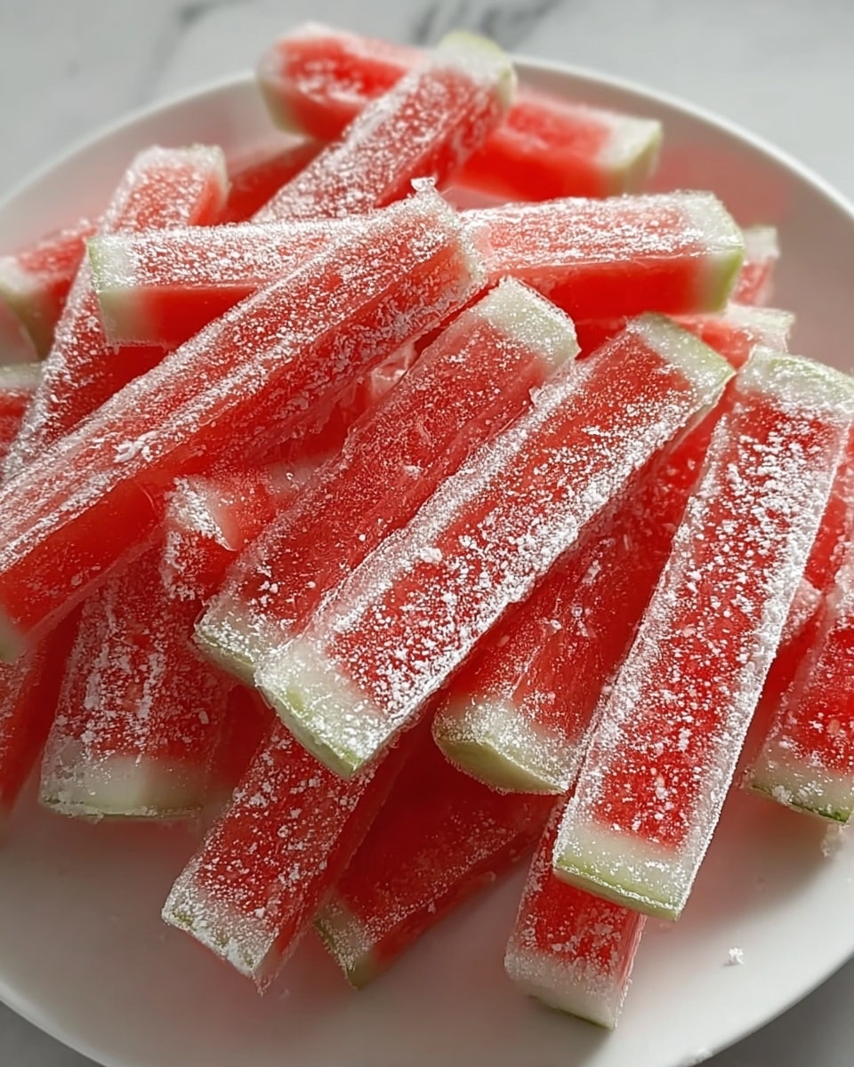 A white plate filled with many frozen watermelon sticks stacked unevenly, each stick showing three layers: a bright red inner flesh covered lightly with frost, a thin white frosty layer in the middle, and a light green rind on the edge; the white marbled surface is visible below the plate. photo taken with an iphone --ar 4:5 --v 7