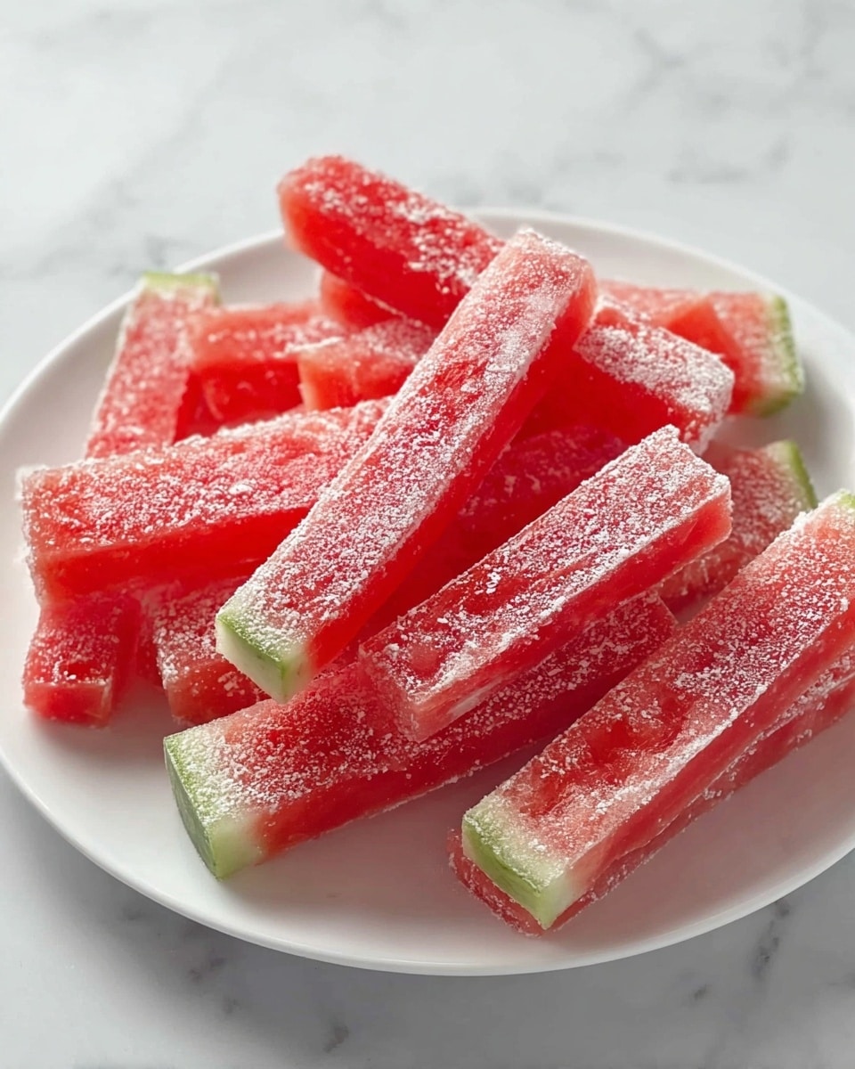 A white plate filled with several frozen watermelon sticks neatly arranged in a pile. Each stick is a long rectangular shape showing a bright red, icy interior with a rough frosted texture, and a thin green rind on one side. The watermelon sticks are slightly spaced with visible frost covering their surface, giving a cold, sugary look. The plate sits on a white marbled texture surface. photo taken with an iphone --ar 4:5 --v 7
