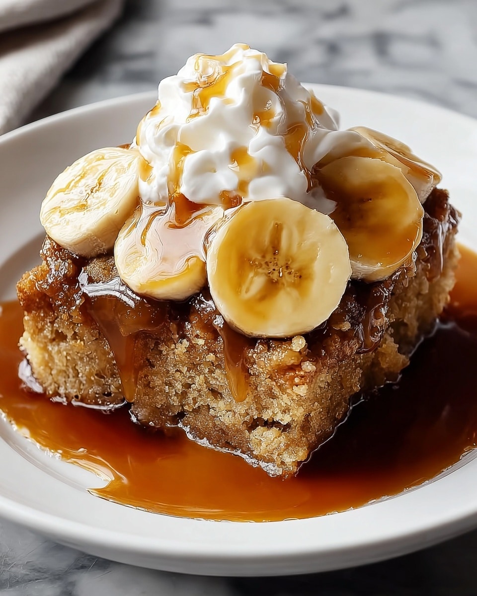 A square piece of crumbly golden-brown banana bread sits in the center of a white plate, soaked partially with dark caramel sauce that pools around the base. On top of the bread are five thick, circular banana slices arranged in a loose cluster. Above the bananas, there is a dollop of white whipped cream, softly textured, with more caramel sauce lightly drizzled over it, adding a shiny, sticky look. The plate rests on a white marbled surface, making the dessert stand out clearly. photo taken with an iphone --ar 4:5 --v 7