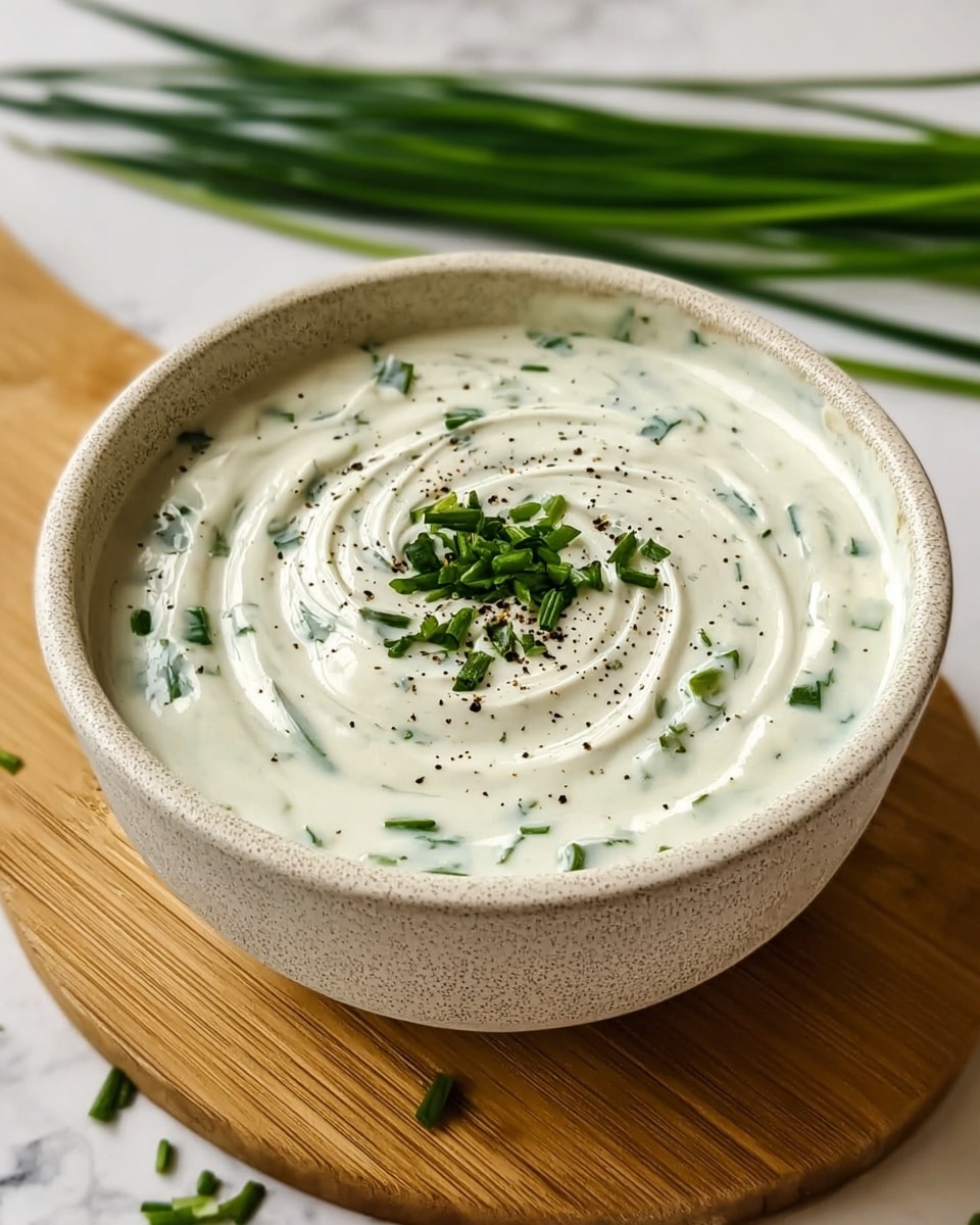 A white speckled bowl filled with a creamy white sauce that has small green herb pieces mixed inside. The sauce has a smooth, thick texture with a swirl pattern on top. It is garnished with fresh chopped green herbs and a sprinkle of black pepper in the center. The bowl is placed on a wooden board, and there are long green herb stems in the blurred background over a white marbled surface. photo taken with an iphone --ar 4:5 --v 7