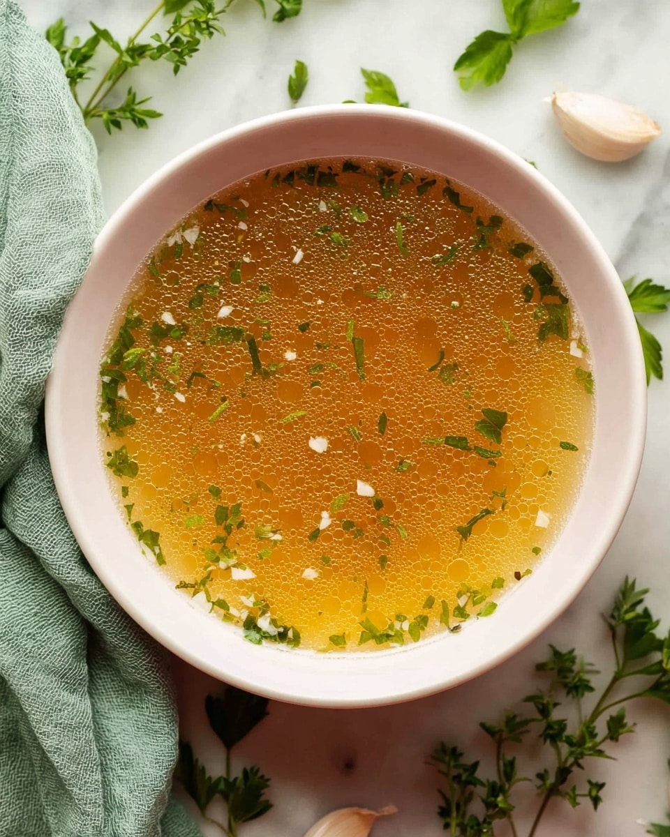 A close-up of a white bowl filled with golden clear broth that has small bubbles on the surface, sprinkled with finely chopped green herbs and tiny bits of white garlic floating evenly throughout. The bowl sits on a white marbled surface with fresh green herb sprigs and garlic cloves placed around it. To the left side, there is a soft green cloth napkin partially shown. The soup looks warm and inviting with a simple, fresh presentation. photo taken with an iphone --ar 4:5 --v 7
