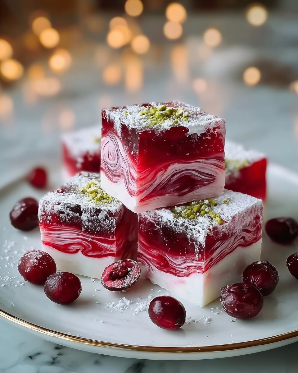 This image shows five square jelly desserts stacked on a round white plate with a gold rim, placed on a white marbled surface. Each dessert has two visible layers: a thick, solid white base layer, and a translucent red top layer with white swirls blending between the two layers. The top surface of each dessert is dusted with a layer of white powdered sugar, with a sprinkle of green crushed nuts in the center on some pieces. Around the jelly cubes on the plate, there are several whole dark red cranberries scattered. The background is softly blurred with warm bokeh lights. photo taken with an iphone --ar 4:5 --v 7
