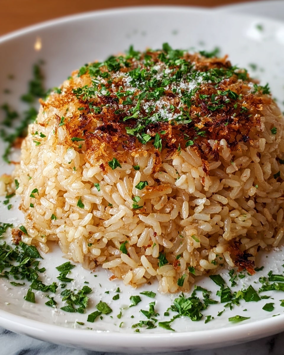 A dome-shaped mound of golden-brown rice is plated in the center of a white dish, with a crispy, slightly charred top layer scattered with finely chopped green herbs and a light dusting of white flakes, possibly cheese or salt. The rice grains are fluffy and separate, showing a mix of lightly toasted and soft textures. Around the edge of the plate, fresh green herbs are sprinkled, adding color contrast. The dish is set on a white marbled surface, and the close-up shot captures details of the rice’s texture and the fresh herbs, photo taken with an iphone --ar 4:5 --v 7