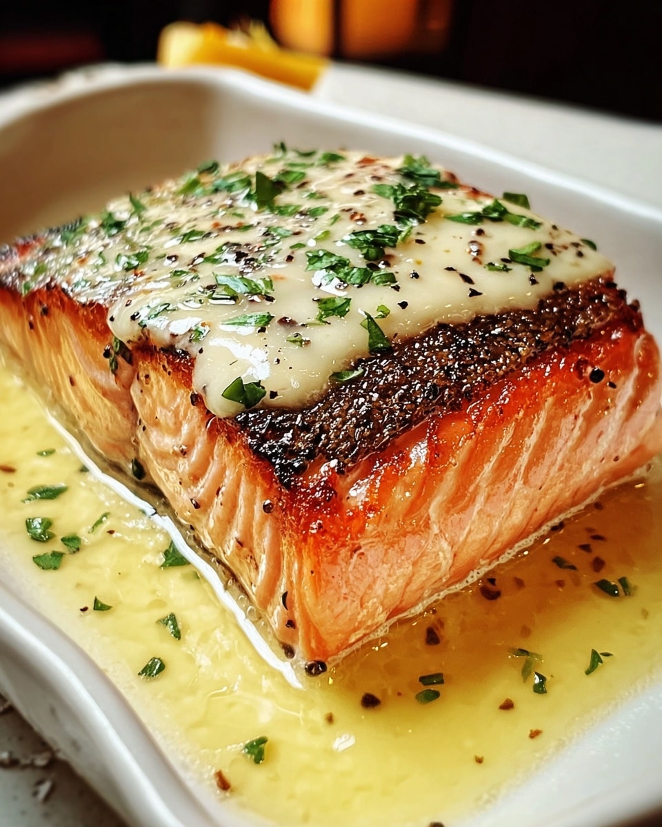 A piece of cooked salmon with a crispy brown skin layer on the bottom, a pink, flaky middle layer of salmon, and a top layer of creamy white sauce with specks of black pepper and chopped green herbs. The salmon sits in a pool of golden melted butter inside a white dish with curved edges. Photo taken with an iphone --ar 4:5 --v 7