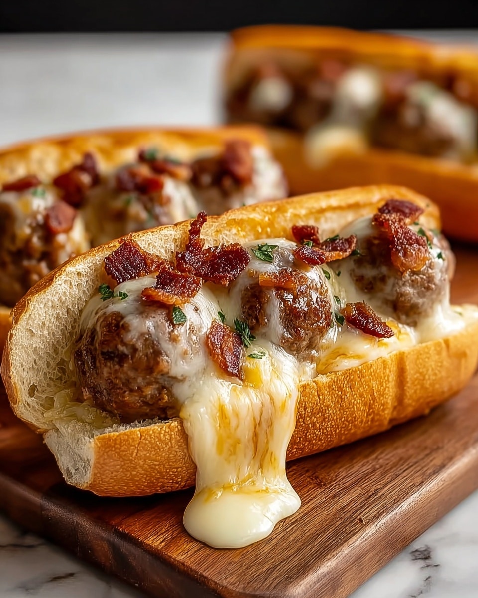 This image shows a close-up of a sandwich with three main layers inside a toasted golden-brown bun. The bottom layer is a soft, shiny, and slightly crusty bread serving as the base. On top of the bread, there are four round, browned meatballs placed in a row. Next, a layer of melted white and yellow cheese covers the meatballs, oozing and dripping down the side of the bun with a gooey texture. Finally, small pieces of crispy, reddish-brown bacon are sprinkled on top along with a few green herbs for garnish. The sandwich is on a wooden board with another similar sandwich blurred in the background, set against a white marbled surface. photo taken with an iphone --ar 4:5 --v 7