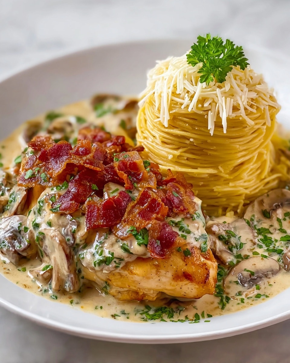A white plate holds a layered dish with two main parts: on the right, a neat, tall pile of light yellow spaghetti strands topped with thin, white grated cheese and a small green parsley leaf on top; on the left, a piece of golden-brown cooked chicken breast covered with creamy light beige mushroom sauce that includes sliced, cooked mushrooms and chopped green herbs. Crispy reddish-brown bacon pieces are sprinkled on top, along with more chopped green parsley, adding a mix of colors and textures. The plate sits on a white marbled surface. photo taken with an iphone --ar 4:5 --v 7
