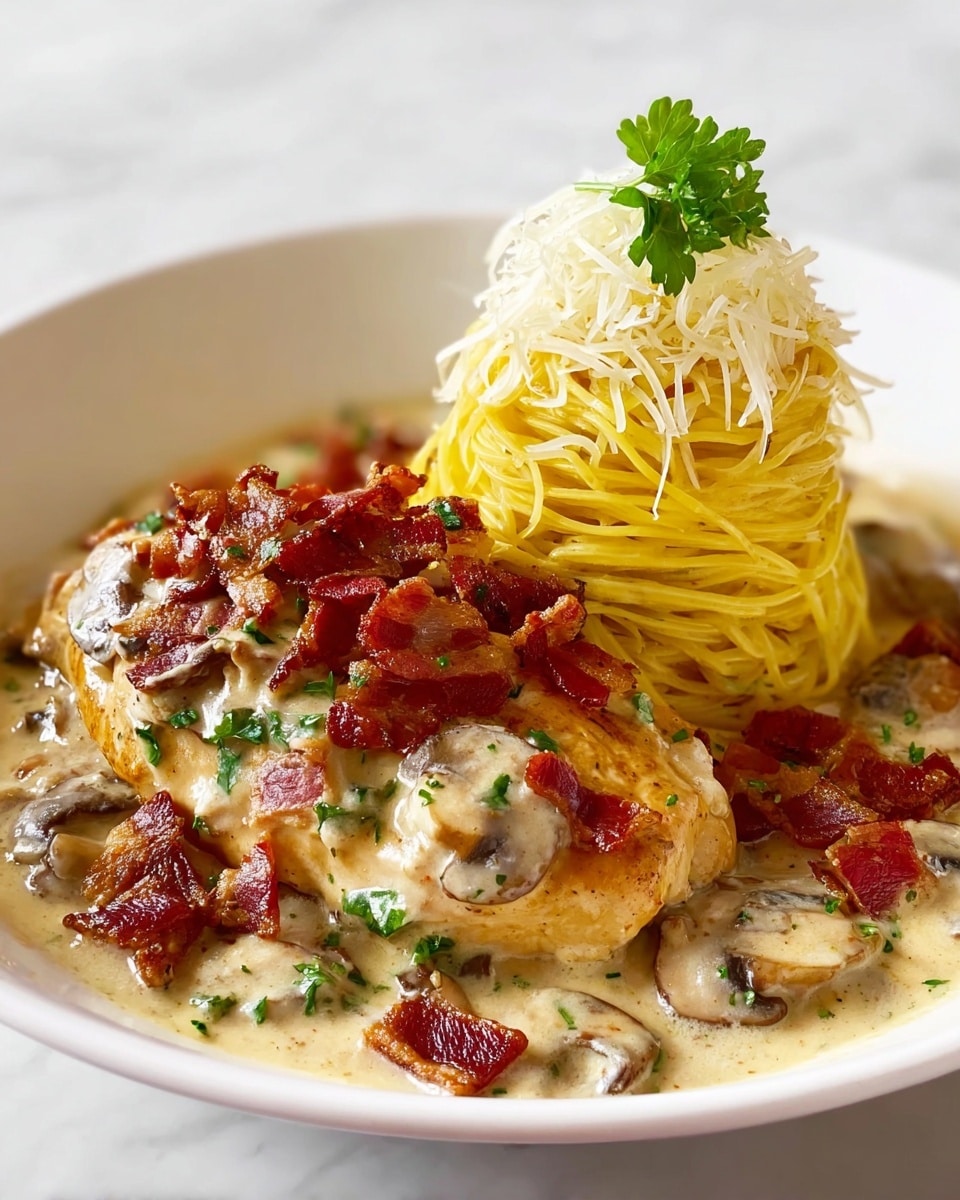 A white plate shows a food dish with two main parts. On the right is a tall, neat stack of yellow spaghetti noodles topped with shredded white cheese and a small green parsley leaf on top. On the left, there is a piece of golden-brown cooked chicken breast covered with a creamy light beige sauce that has visible slices of brown mushrooms and green parsley pieces mixed in. Crispy, red-brown bacon bits are scattered on top of the chicken. The sauce spreads around the chicken on the plate. The plate is set against a white marbled background. Photo taken with an iphone --ar 4:5 --v 7