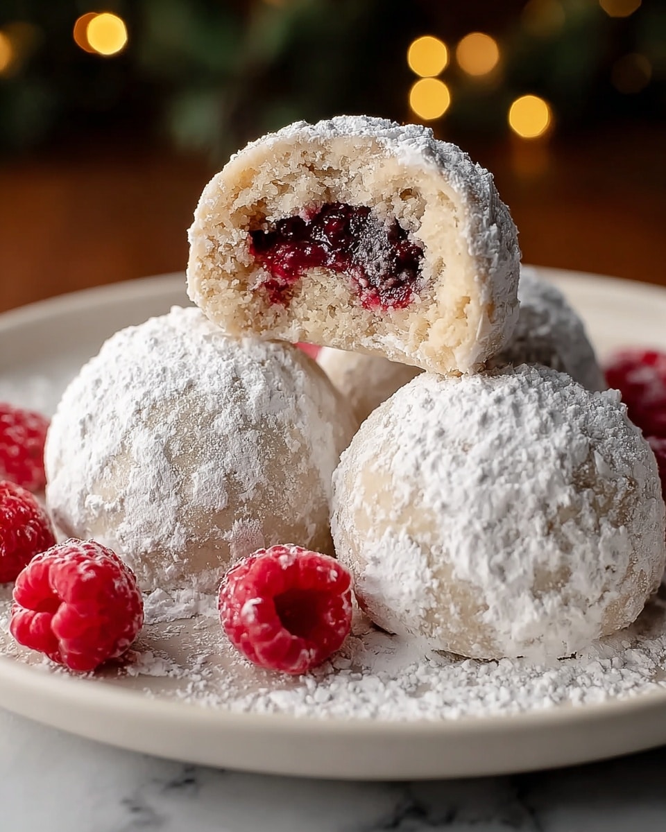 The image shows a small stack of round, white snowball cookies dusted heavily with powdered sugar, giving them a rough, snowy texture. One cookie on top is cut open, revealing a deep red, shiny raspberry jam filling inside a slightly crumbly, pale outer layer. The cookies are arranged on a white plate with a few fresh red raspberries scattered on the side. The whole scene rests on a white marbled surface with a softly blurred background featuring warm, golden bokeh lights. photo taken with an iphone --ar 4:5 --v 7