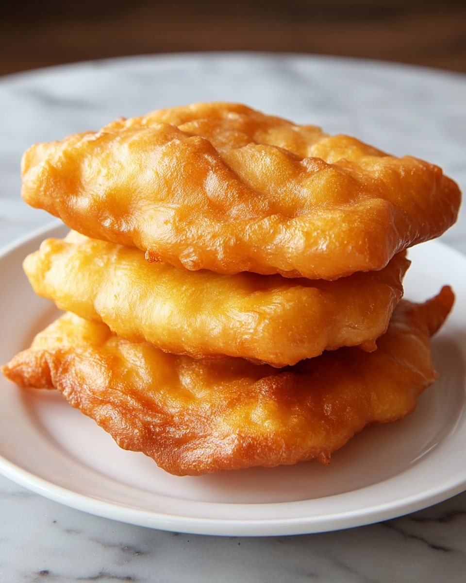 A stack of three golden-brown fried dough pieces sits on a white plate with a smooth surface, placed on a white marbled texture. The top dough is fluffy and slightly crispy, with an uneven, bumpy texture and a warm golden color. Below it, two similar pieces are stacked, showing soft edges and slight bubbling on their fried surfaces. The light captures the slight shine and texture variations on the dough, highlighting the crunchy outer layer and soft inside. photo taken with an iphone --ar 4:5 --v 7