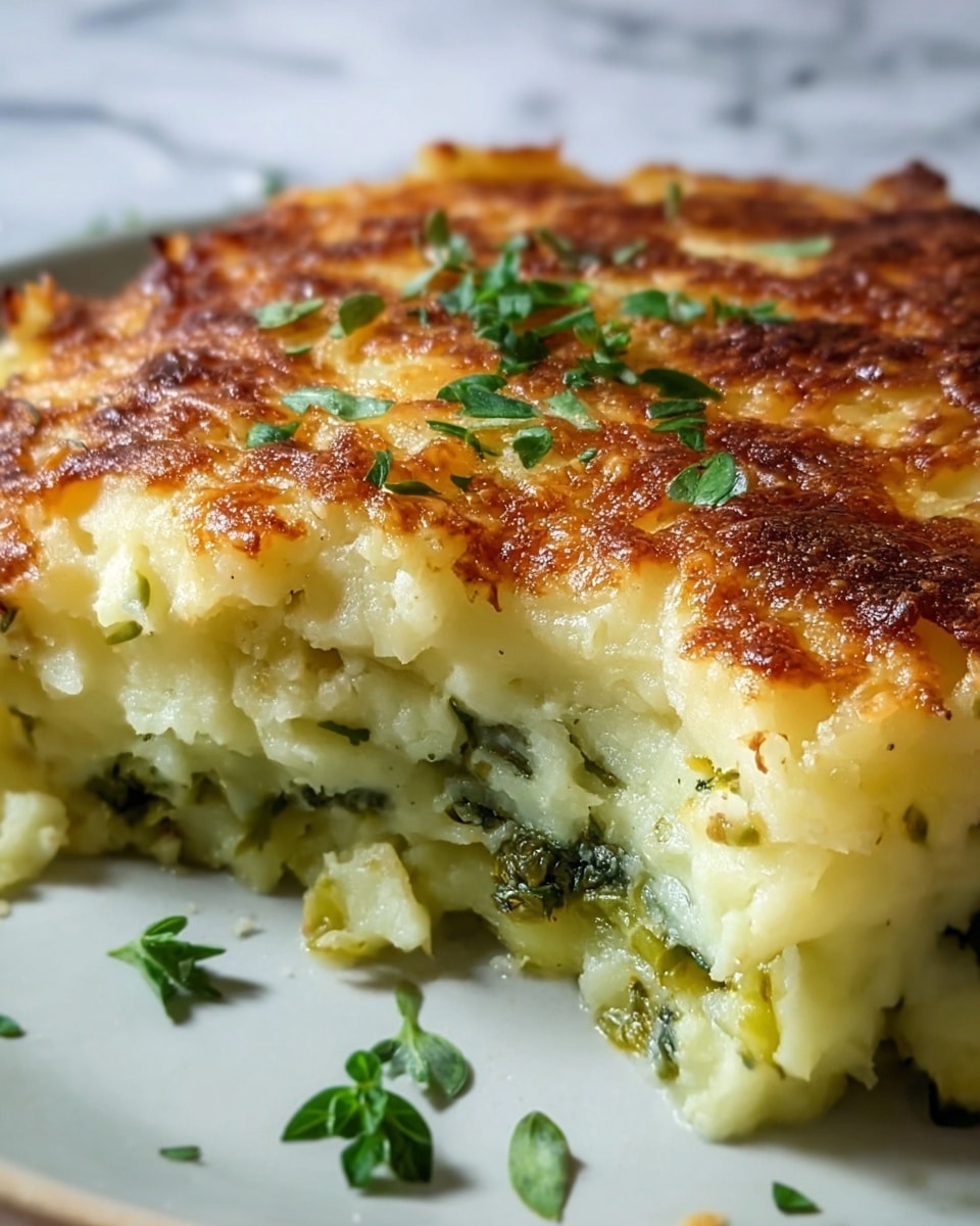 A close-up view of a golden-brown baked dish with a crispy cheese crust on top, showing layers of creamy creamy mashed potatoes mixed with green pieces of leafy vegetables beneath the cheese. Fresh green herb sprigs are scattered on the surface for a splash of color. The dish sits on a white plate, and the background is a white marbled texture. Photo taken with an iphone --ar 4:5 --v 7