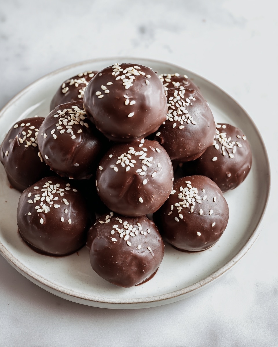 The image shows a white round plate filled with ten chocolate-coated balls arranged in a pyramid shape. Each ball has a smooth, shiny dark brown chocolate layer with a few small irregular bumps giving texture to the surface. On top of each ball are small white sesame seeds scattered in the middle, adding contrast. The plate sits on a white marbled surface, and soft natural light highlights the glossy texture of the chocolate. photo taken with an iphone --ar 4:5 --v 7