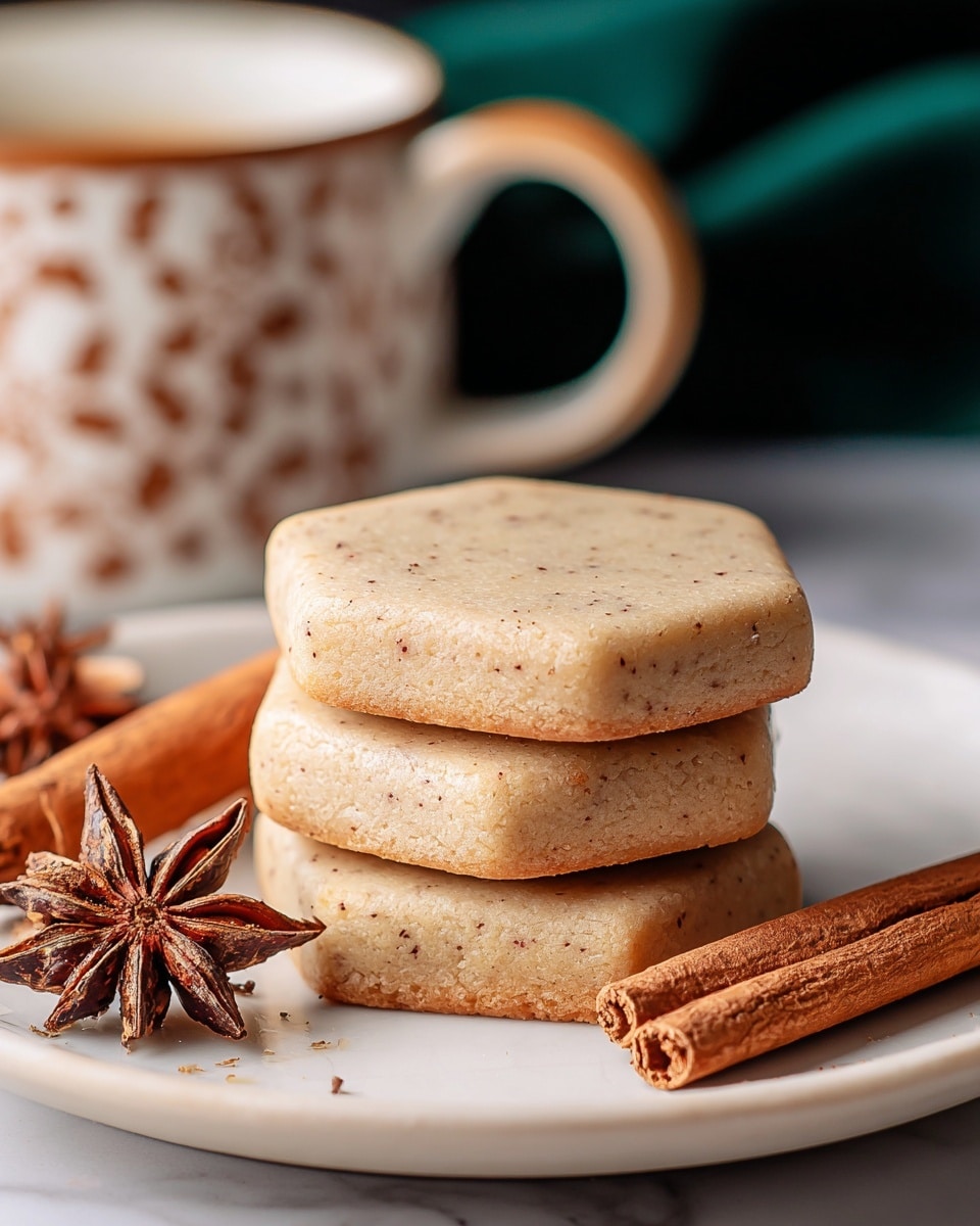 A stack of three light brown, slightly round hexagonal cookies with smooth, lightly speckled surfaces and slightly browned edges sits on a white plate. Next to the cookies are brown star anise and two cinnamon sticks, all placed on a white marbled surface. Behind the plate, there is a white cup with a brown decorative pattern blurred in the background. The scene is softly lit, highlighting the warm tones of the cookies and spices. photo taken with an iphone --ar 4:5 --v 7