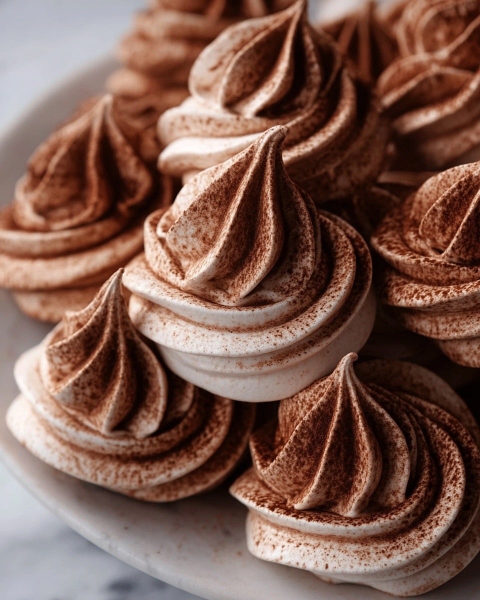 A close-up view of many small, swirled meringue cookies stacked closely on top of each other, each cookie having three visible layers of rich, light to dark brown with a soft, powdery texture from cocoa dusting, the edges curving upwards into tight peaks with smooth ridges, all resting on a white plate on a white marbled surface. Photo taken with an iphone --ar 4:5 --v 7